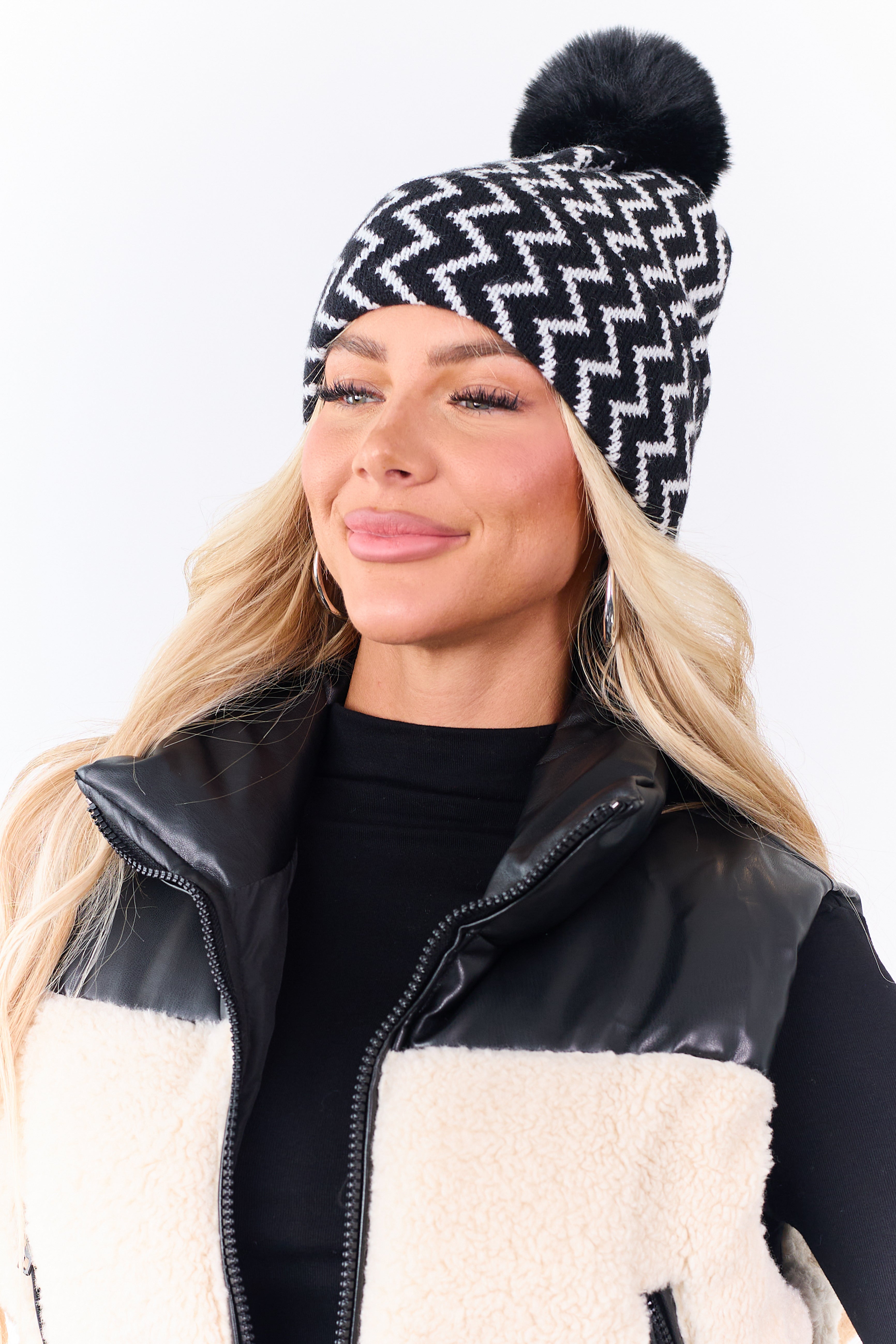Black Zig Zag Pom Pom Knit Beanie