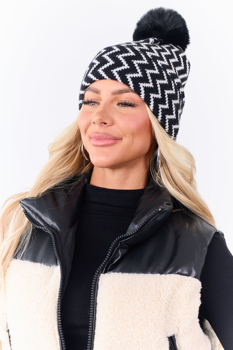Black Zig Zag Pom Pom Knit Beanie