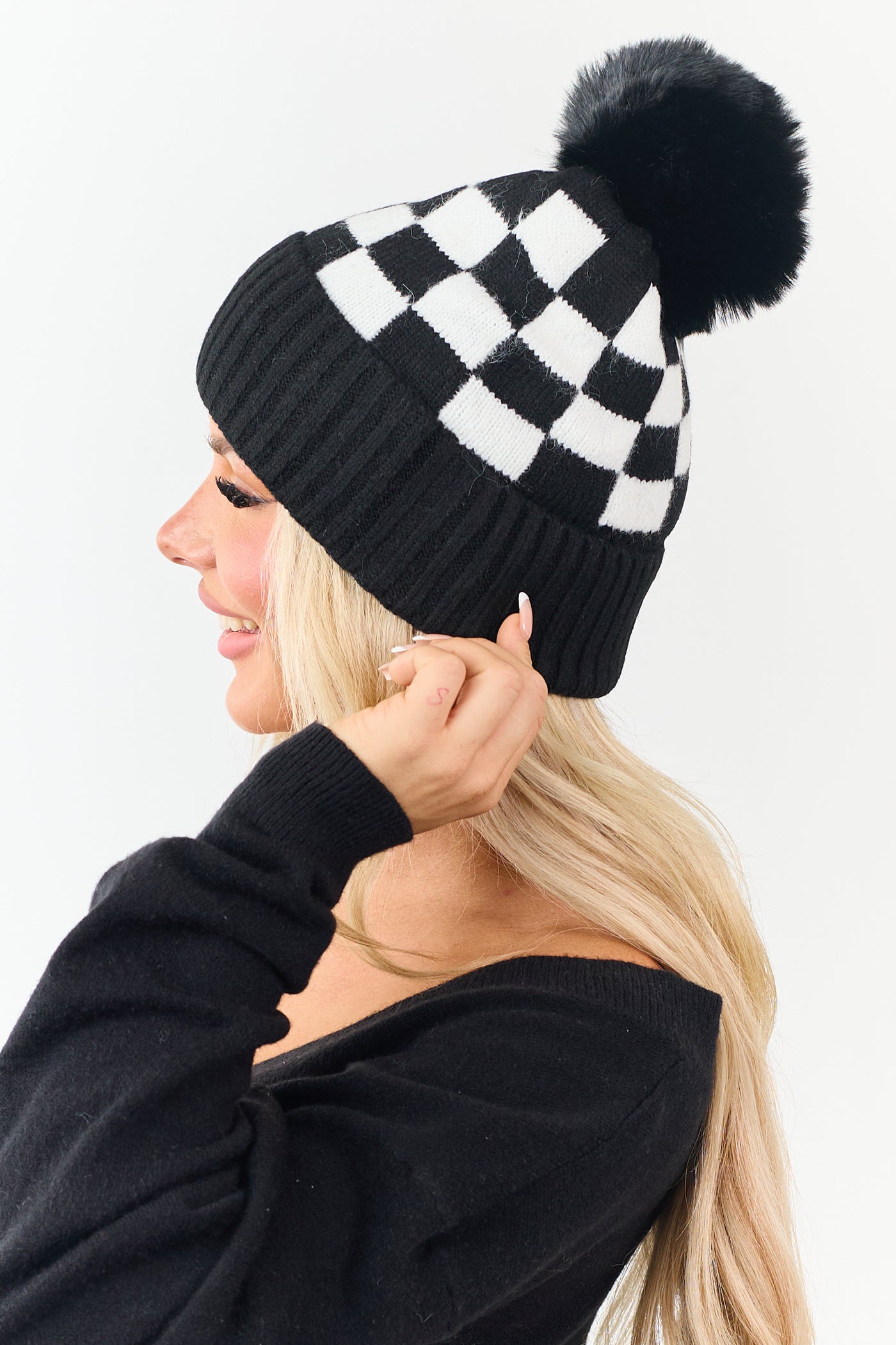 Black and Ivory Checkered Pom Pom Beanie