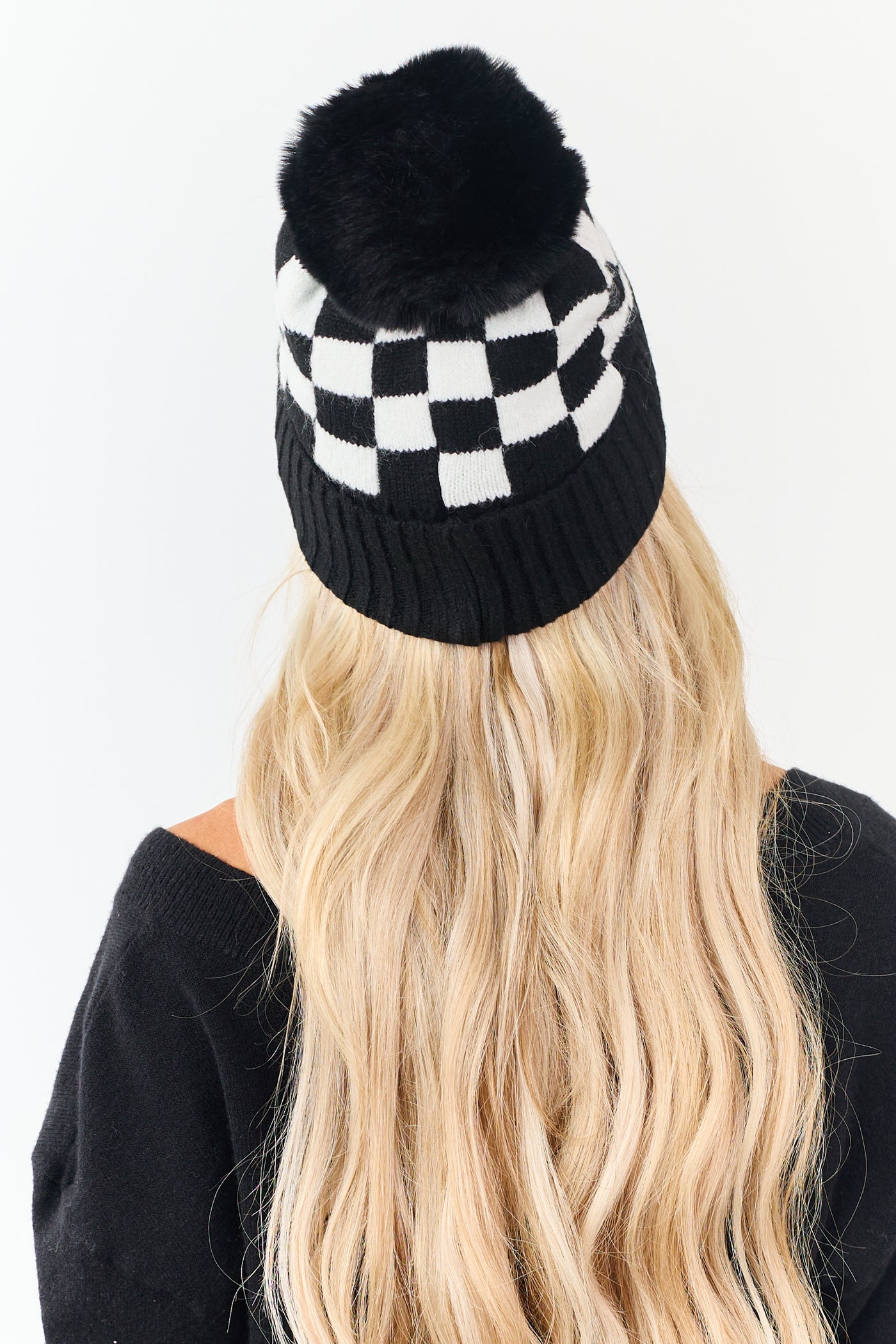 Black and Ivory Checkered Pom Pom Beanie