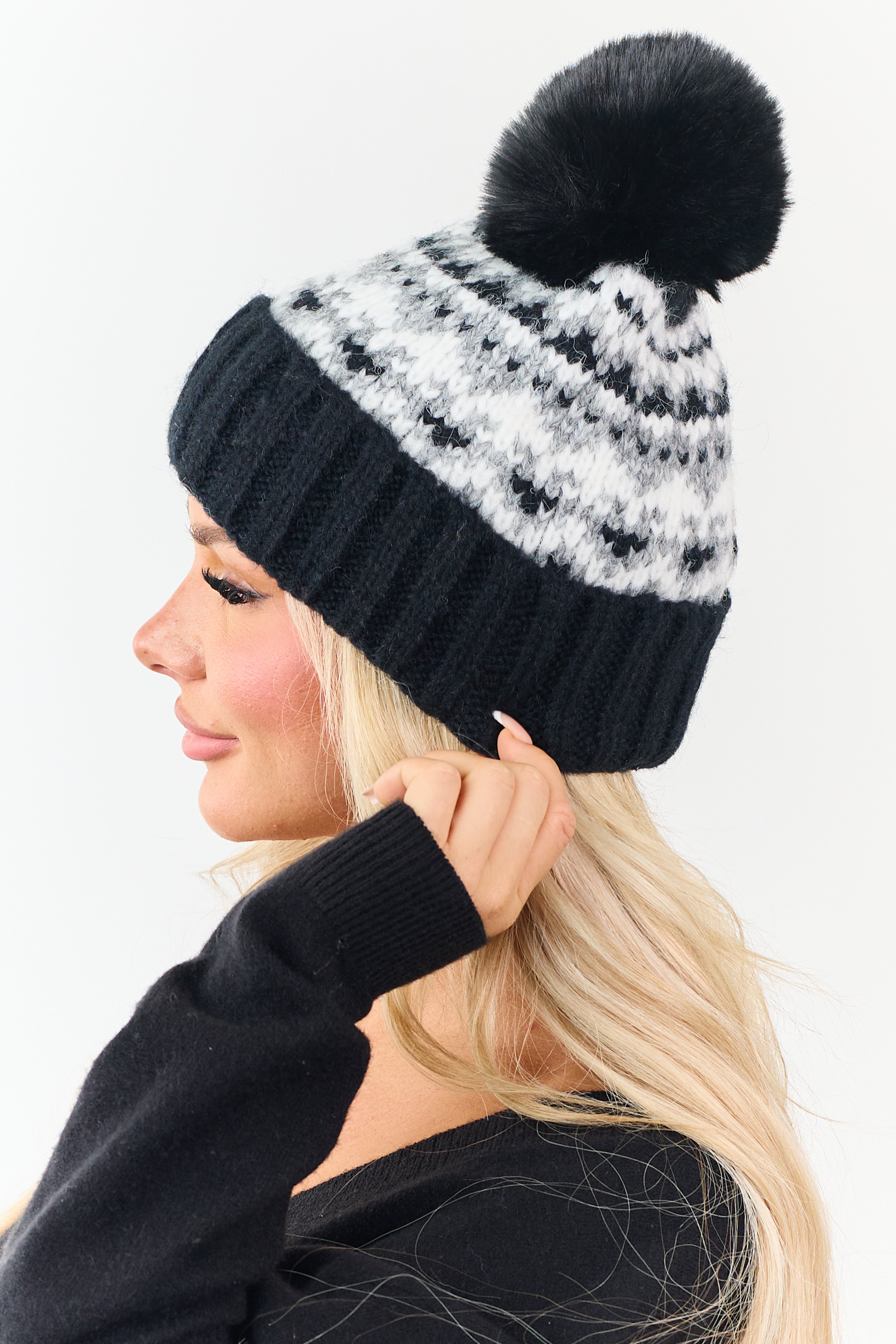 Black and Ivory Fair Isle Pattern Pom Pom Beanie
