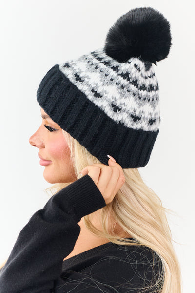 Black and Ivory Fair Isle Pattern Pom Pom Beanie