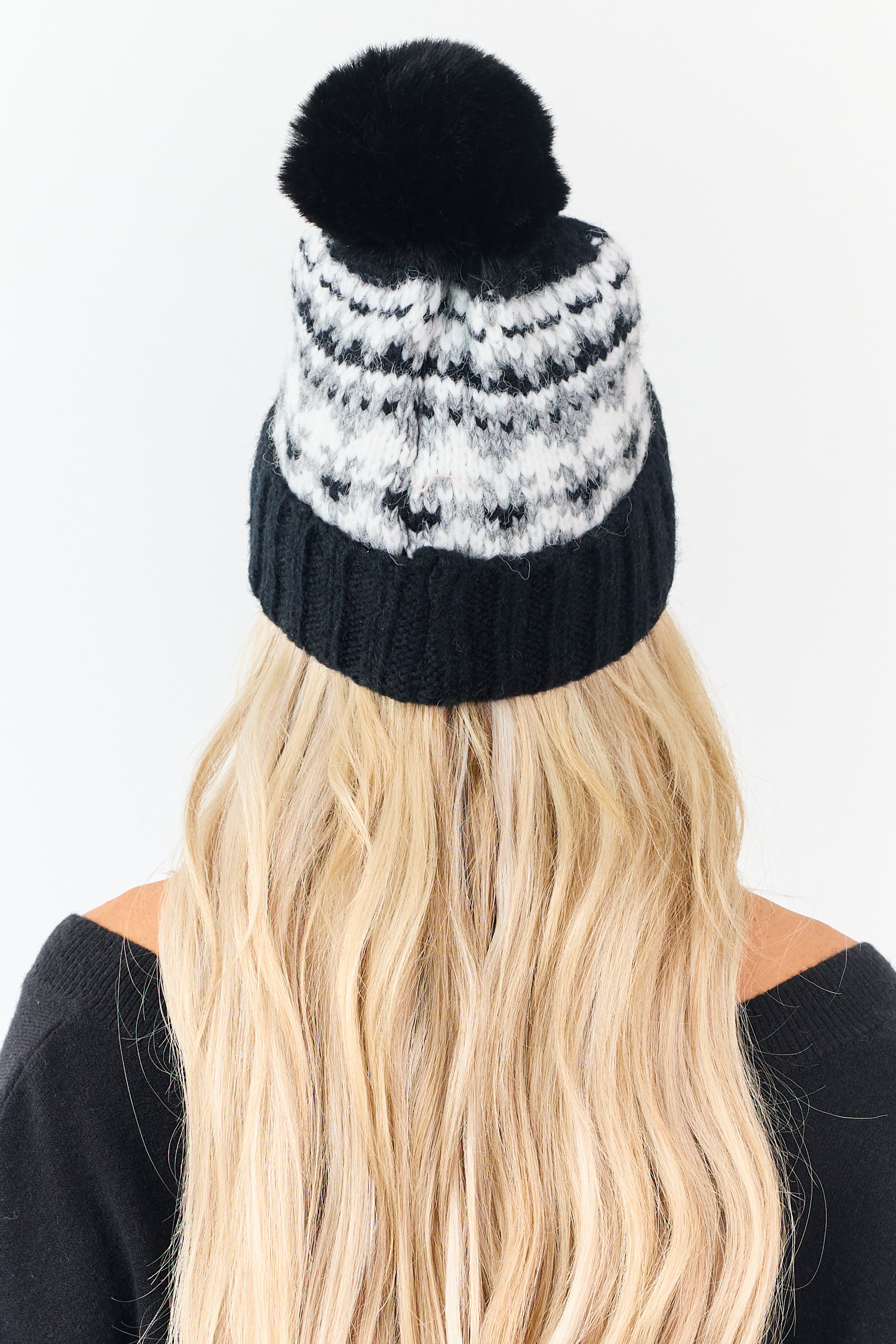 Black and Ivory Fair Isle Pattern Pom Pom Beanie