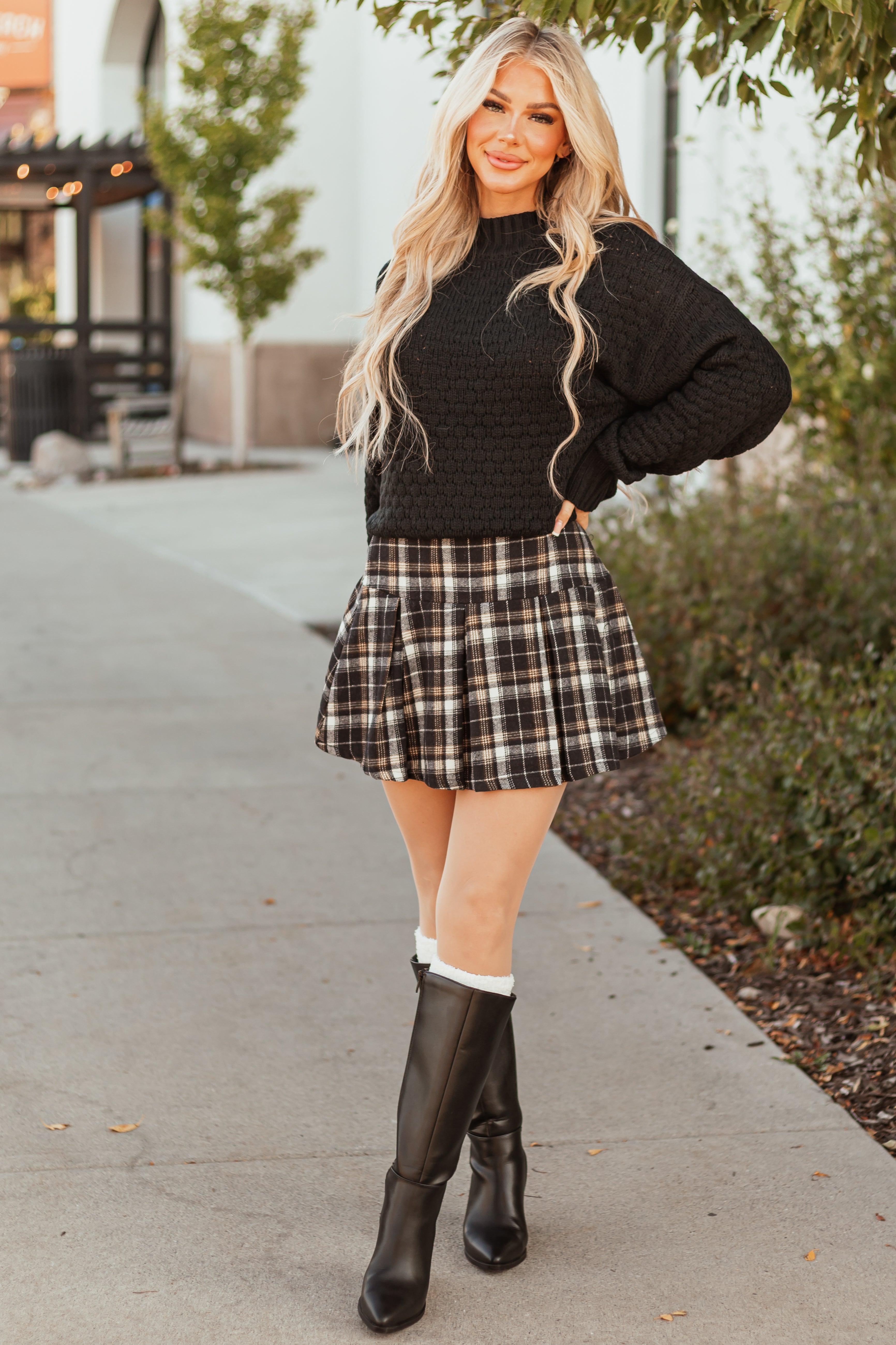 Black and Peanut Plaid Pleated Mini Skirt | Lime Lush Boutique