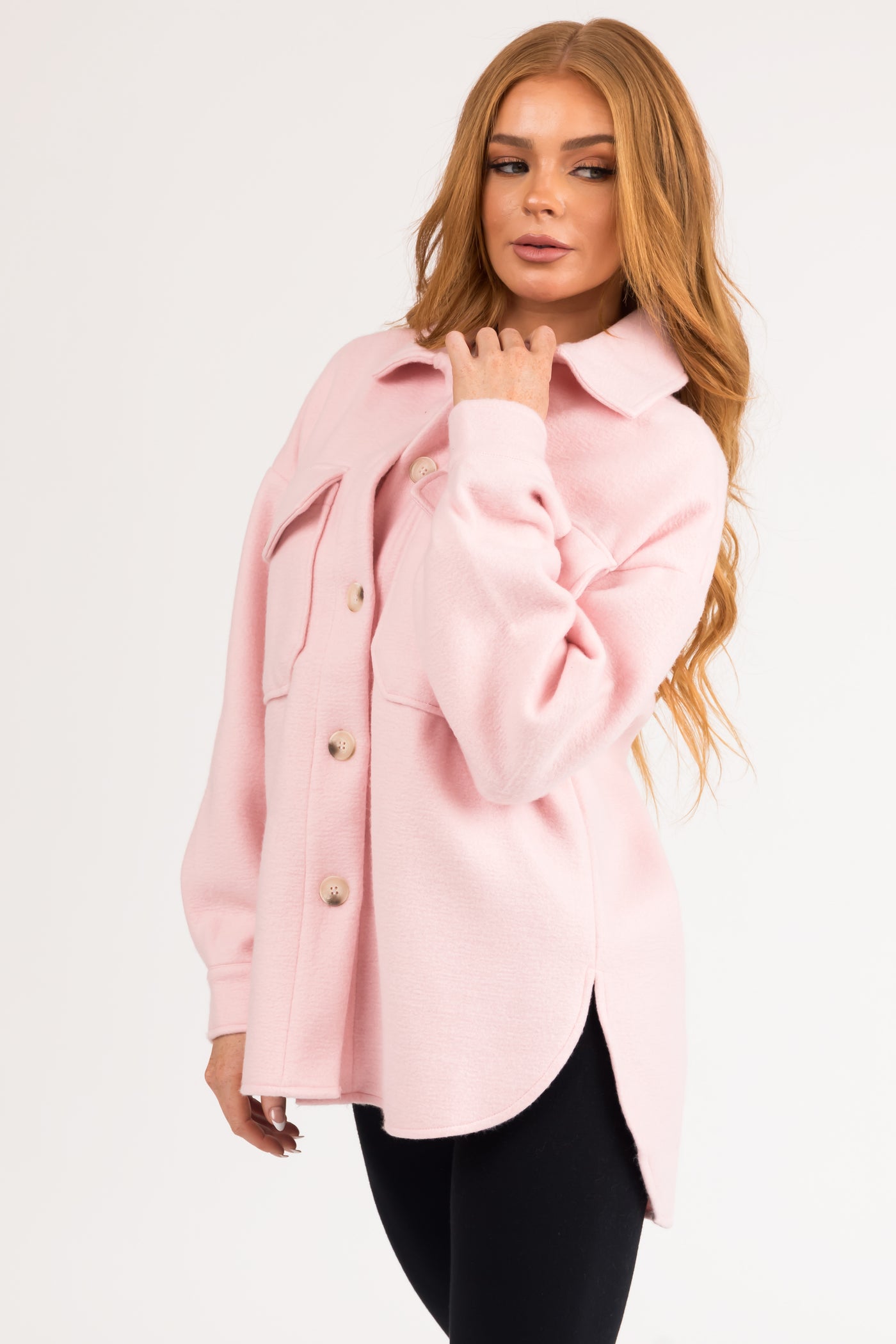 Blush Button Down Shacket with Chest Pockets