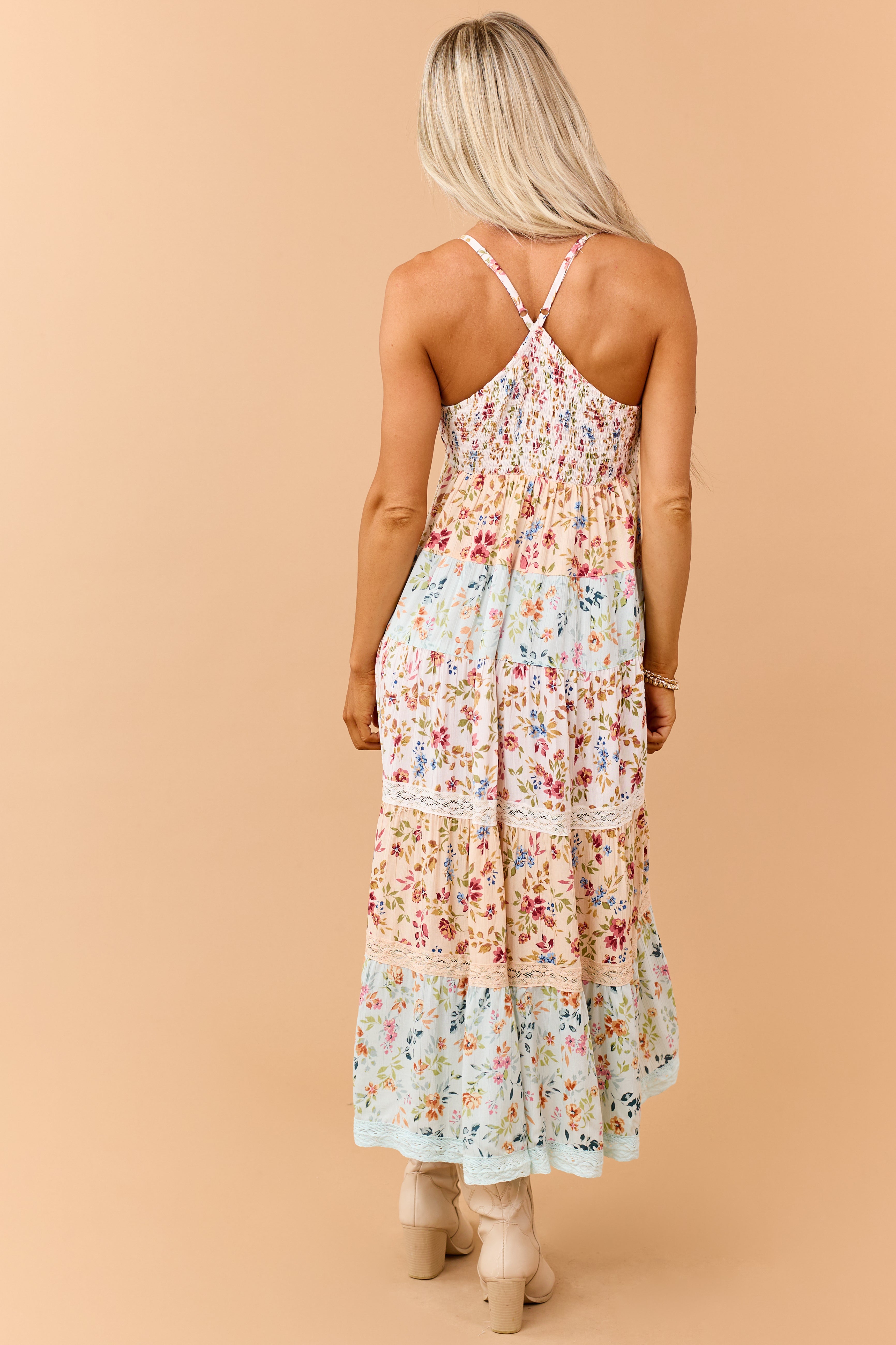 Blush Colorblock Floral Tiered Lace Maxi Dress