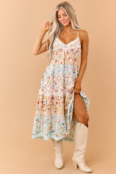 Blush Colorblock Floral Tiered Lace Maxi Dress