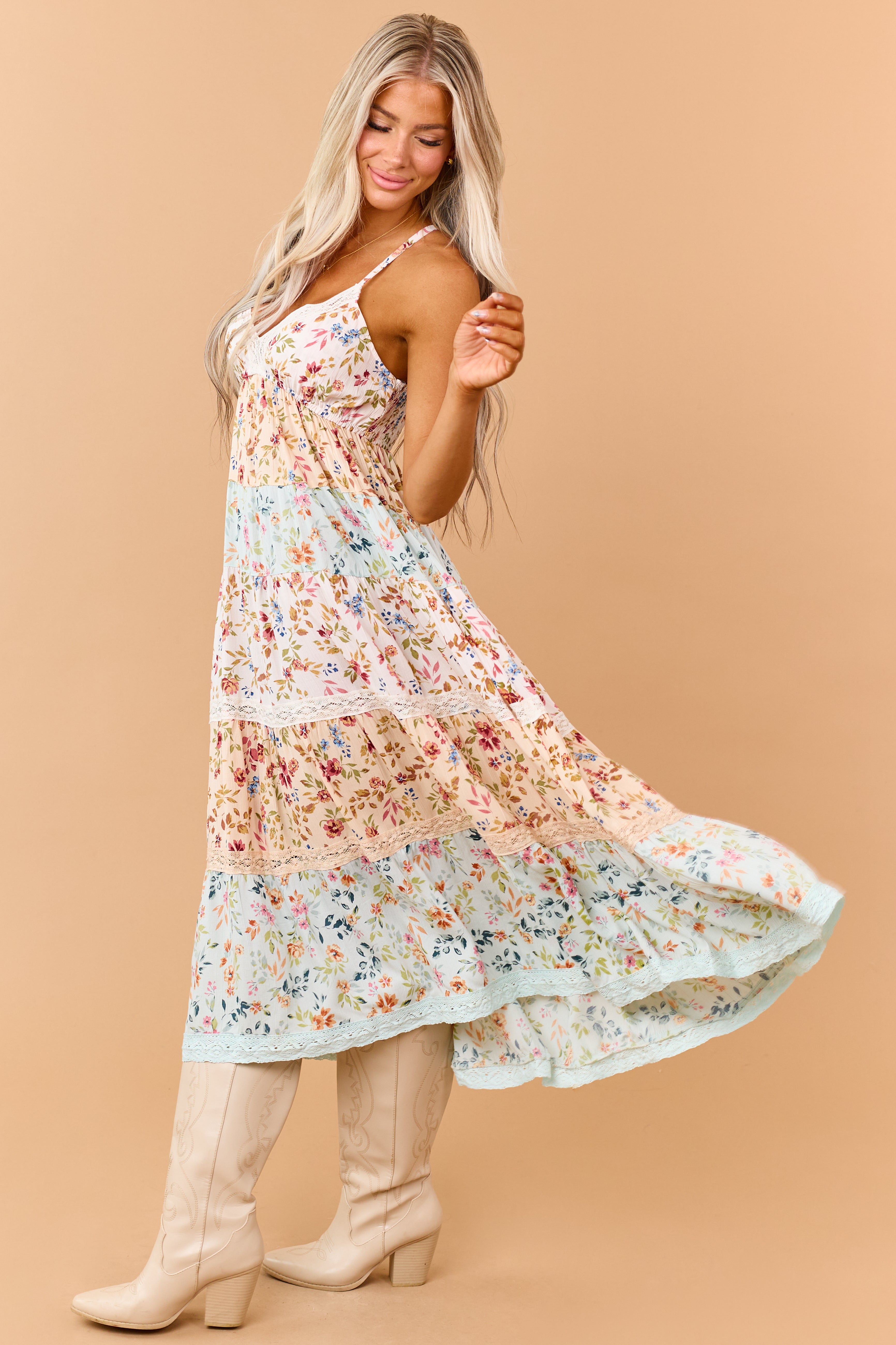 Blush Colorblock Floral Tiered Lace Maxi Dress