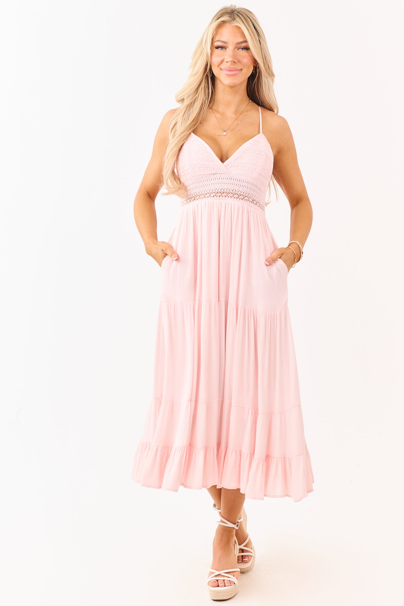 Blush Crochet Sleeveless Deep V-Neck Maxi Dress