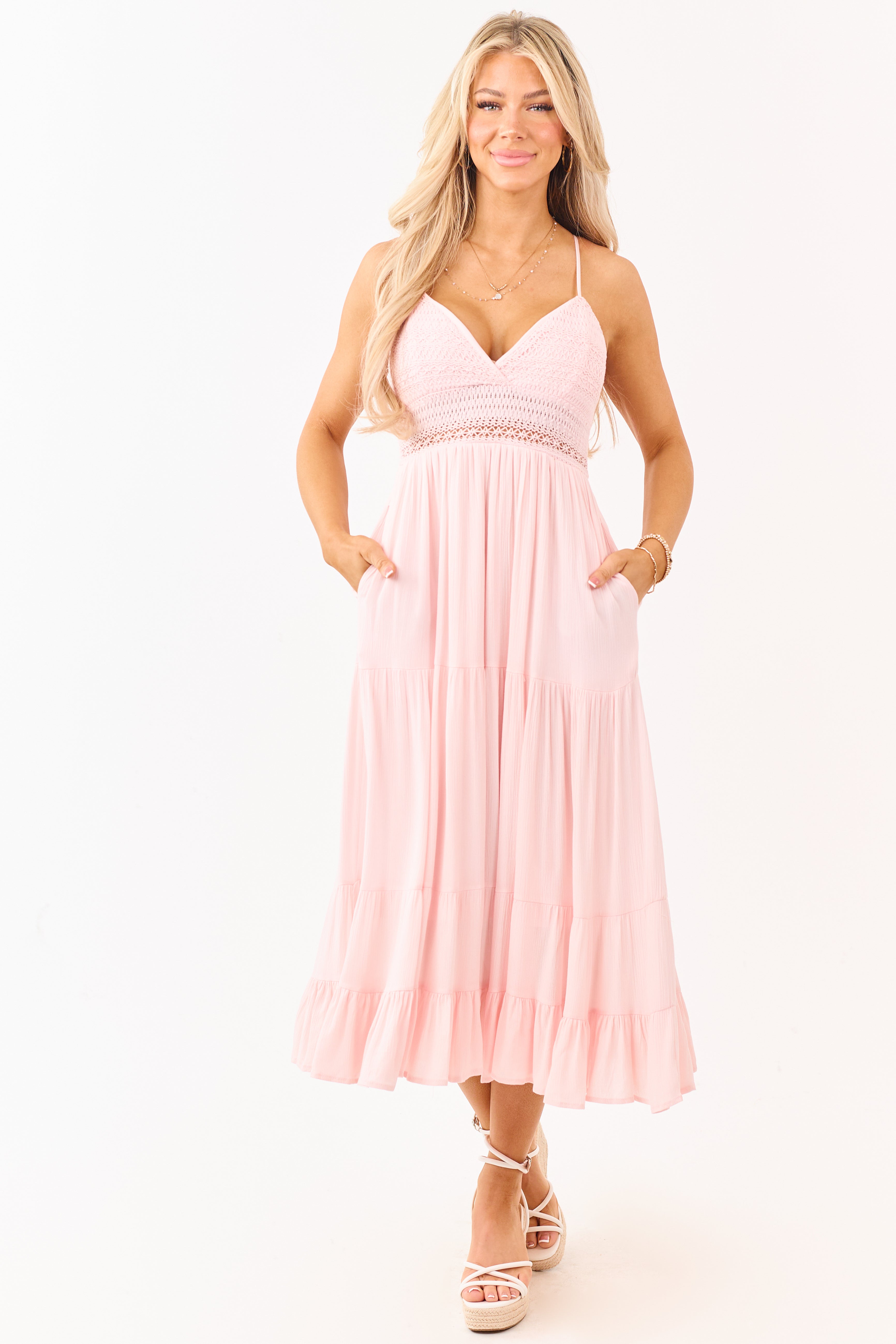 Blush Crochet Sleeveless Deep V-Neck Maxi Dress