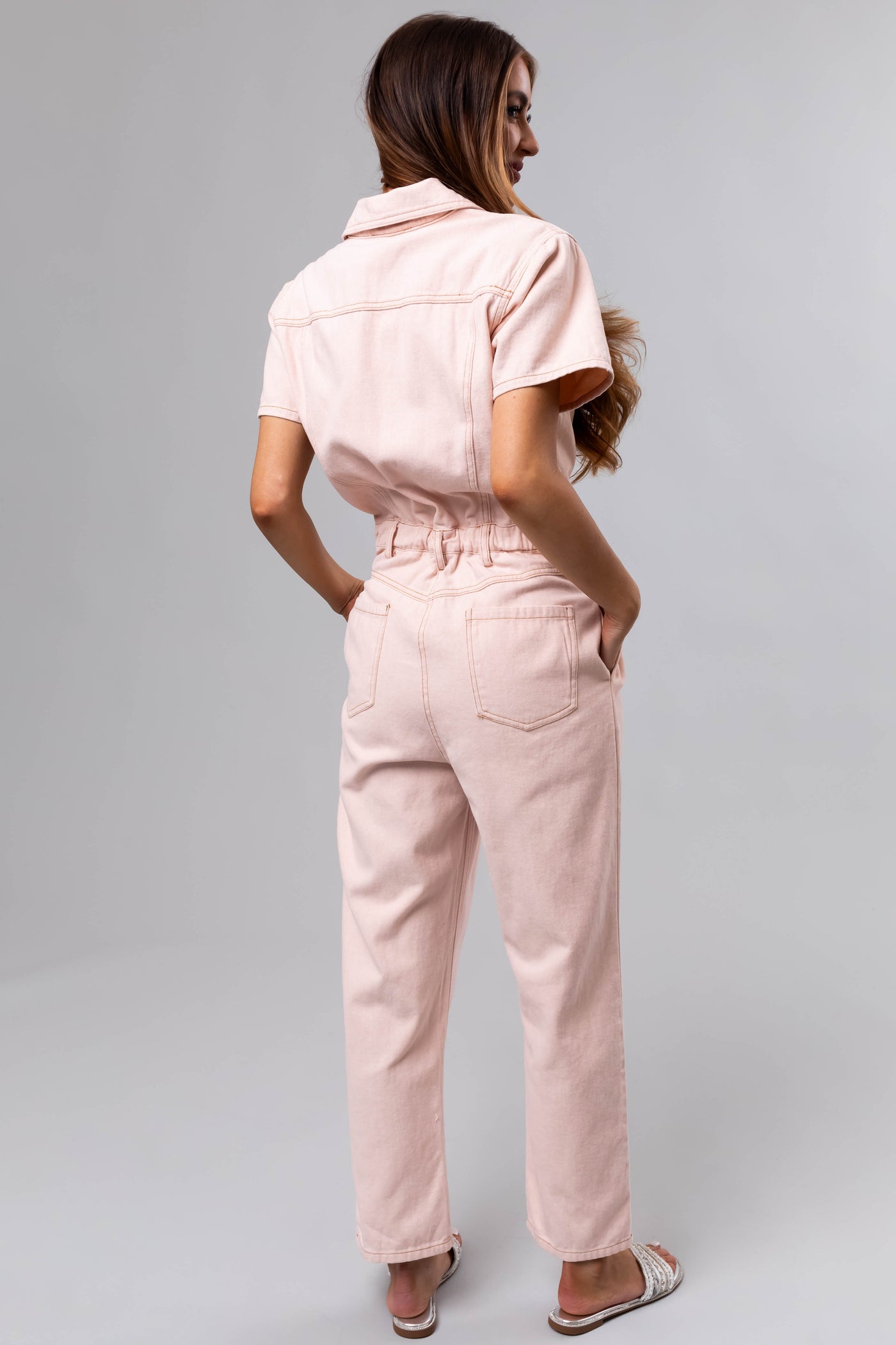 Blush Denim Button Up Short Sleeve Jumpsuit