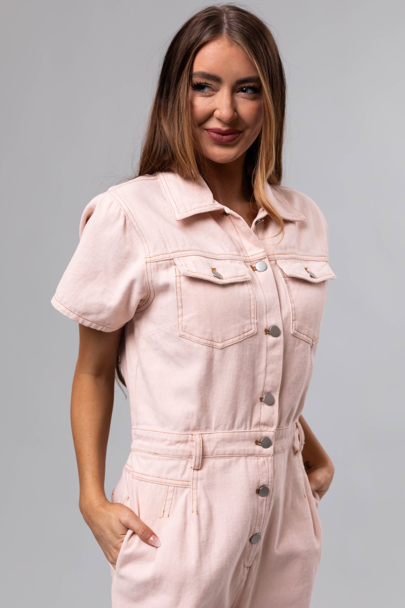 Blush Denim Button Up Short Sleeve Jumpsuit