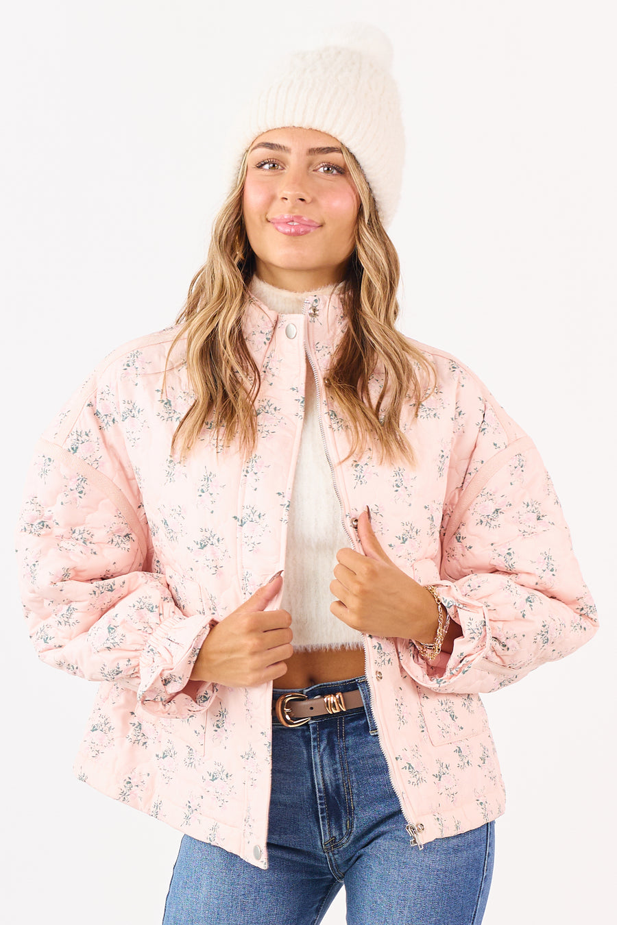 Blush Ditsy Floral Print Quilted Puff Jacket