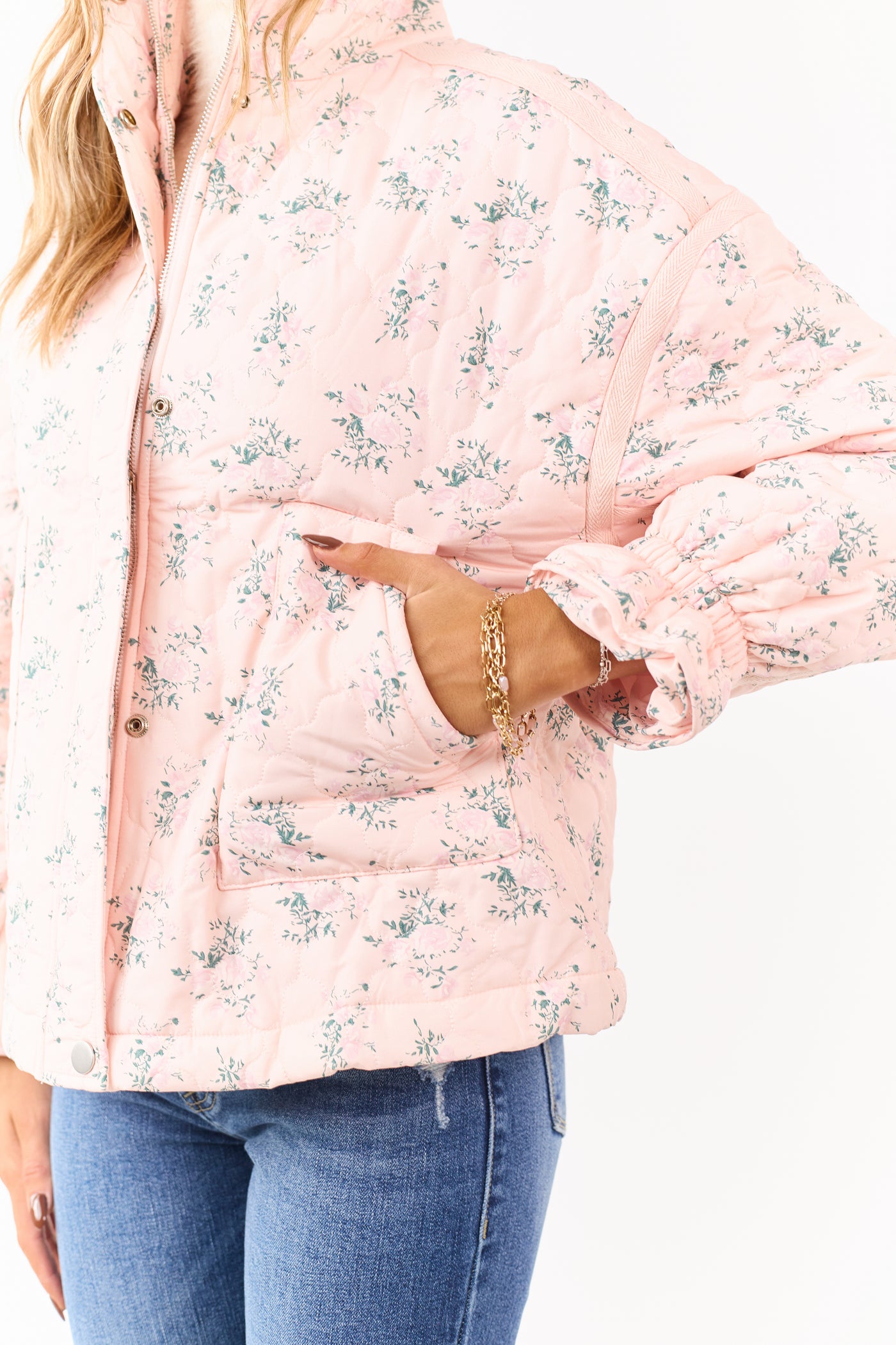 Blush Ditsy Floral Print Quilted Puff Jacket