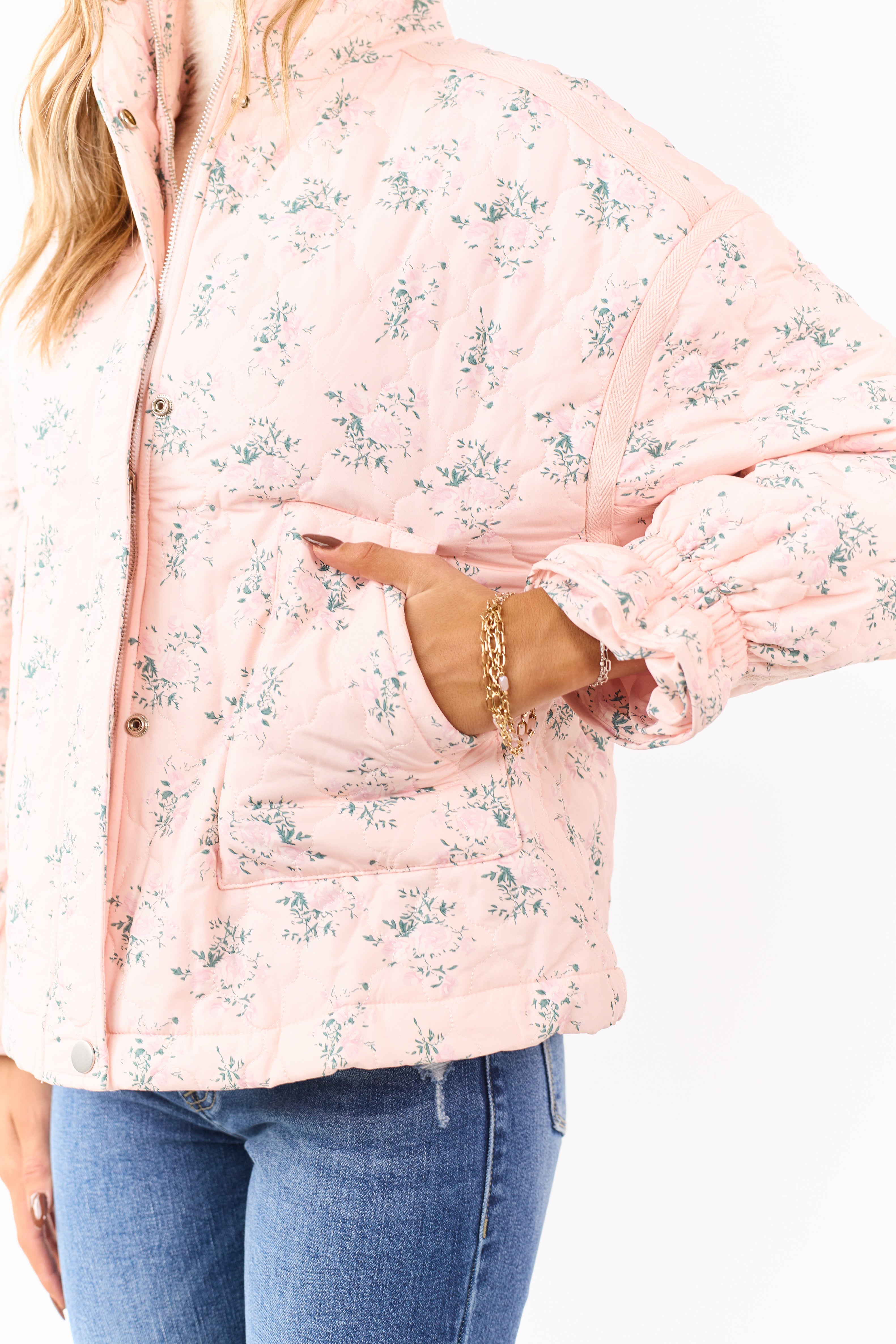 Blush Ditsy Floral Print Quilted Puff Jacket