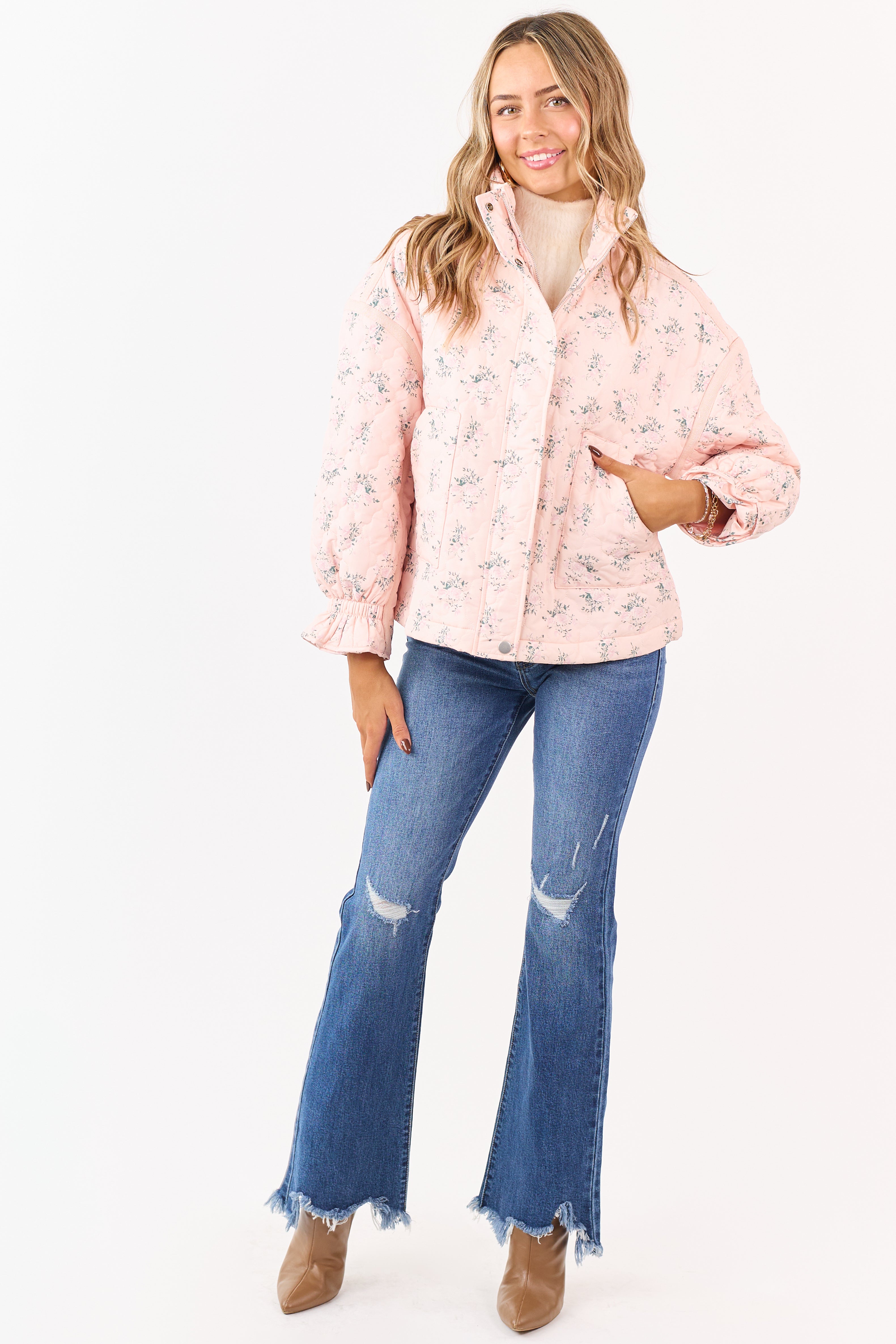 Blush Ditsy Floral Print Quilted Puff Jacket