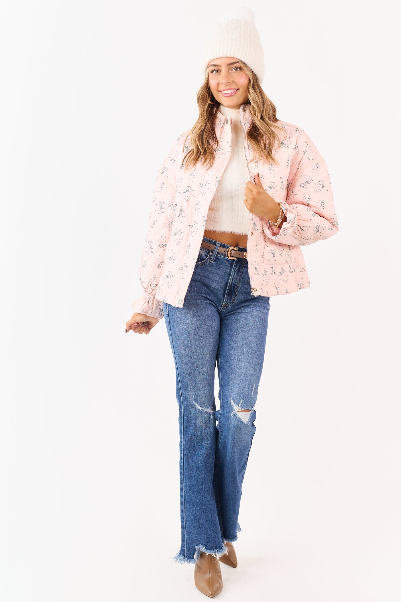 Blush Ditsy Floral Print Quilted Puff Jacket