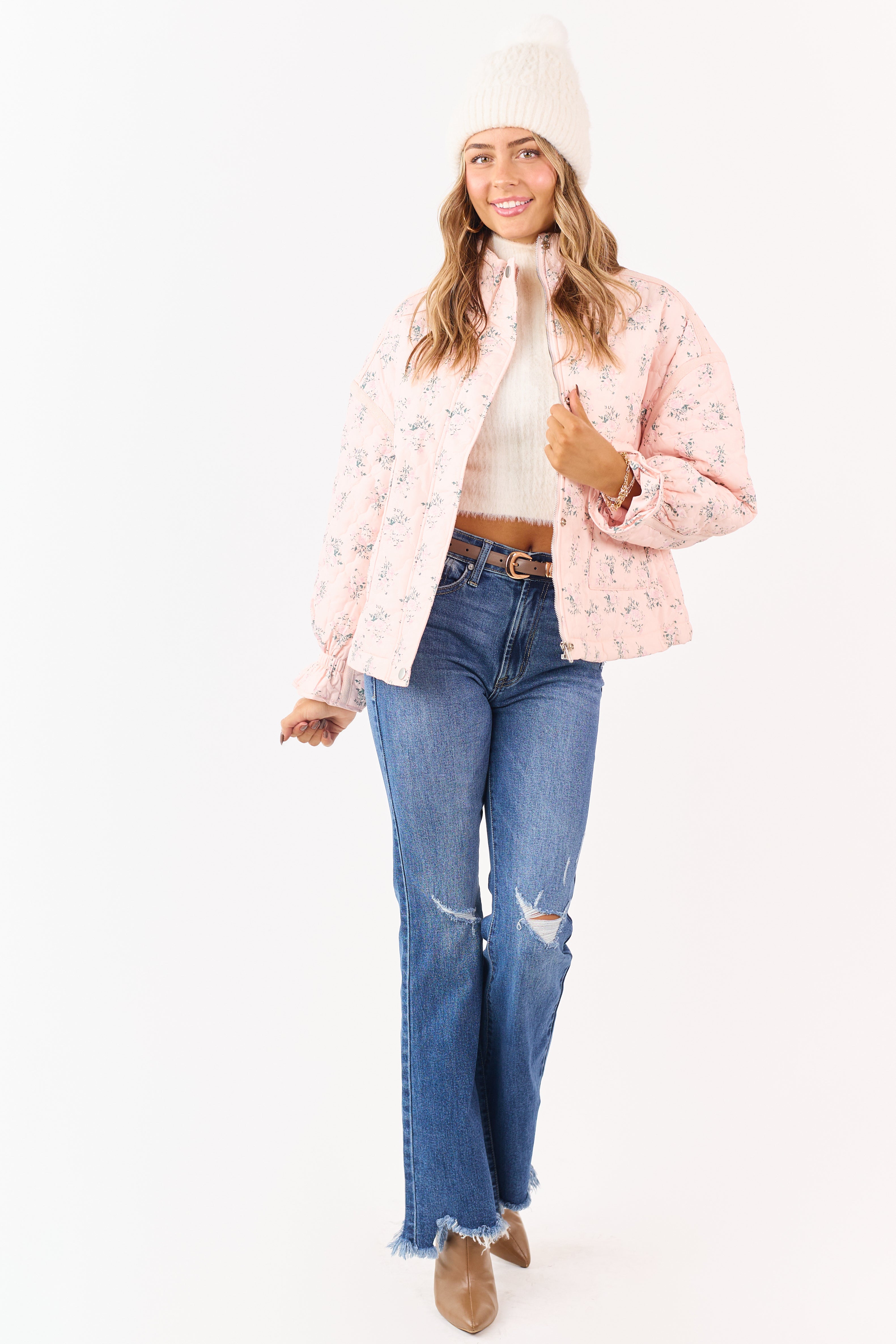 Blush Ditsy Floral Print Quilted Puff Jacket