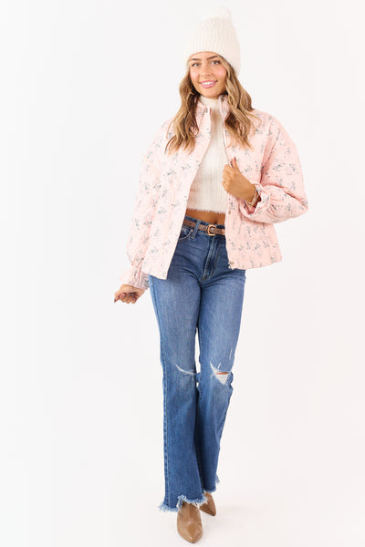 Blush Ditsy Floral Print Quilted Puff Jacket