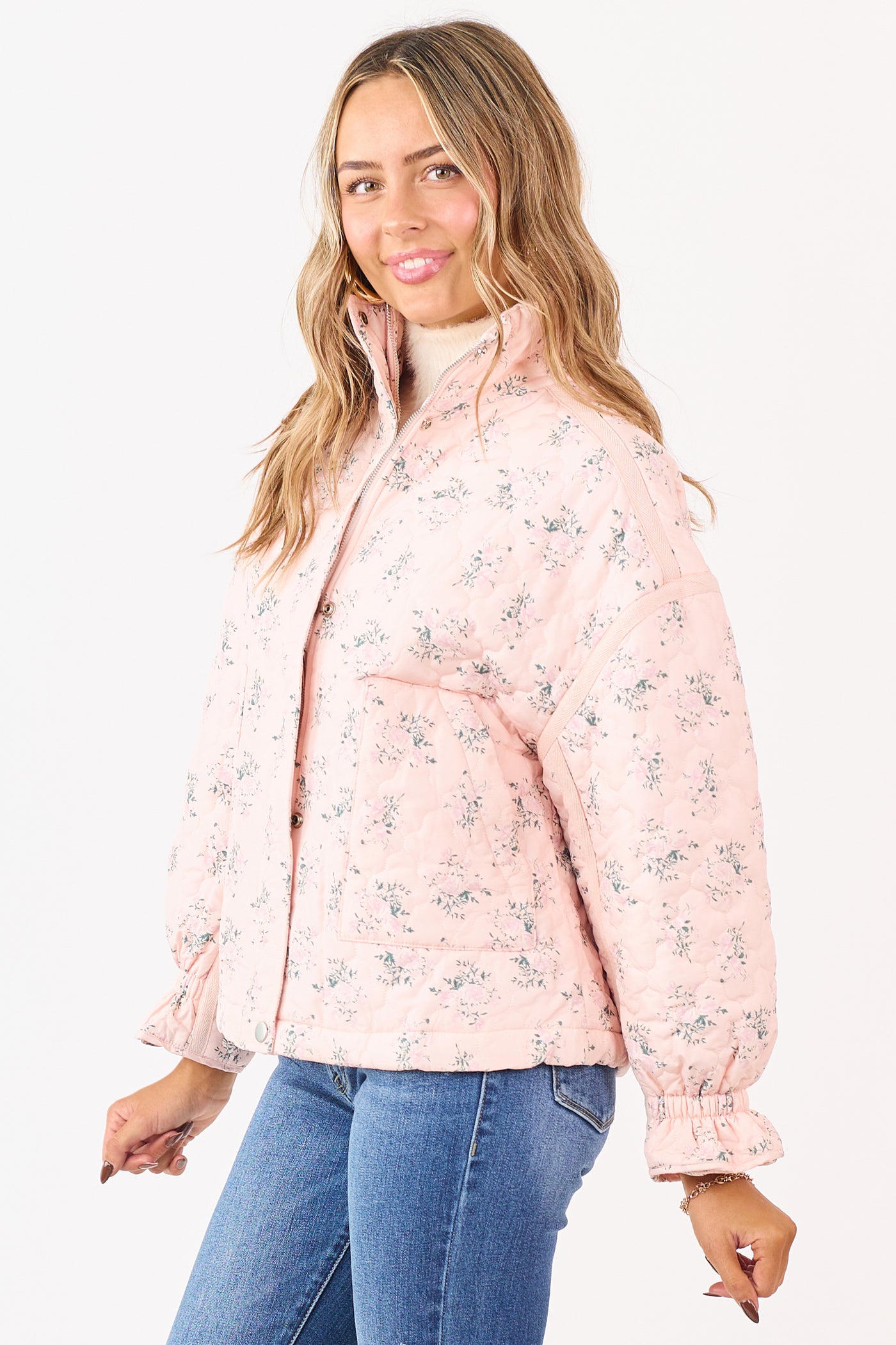 Blush Ditsy Floral Print Quilted Puff Jacket
