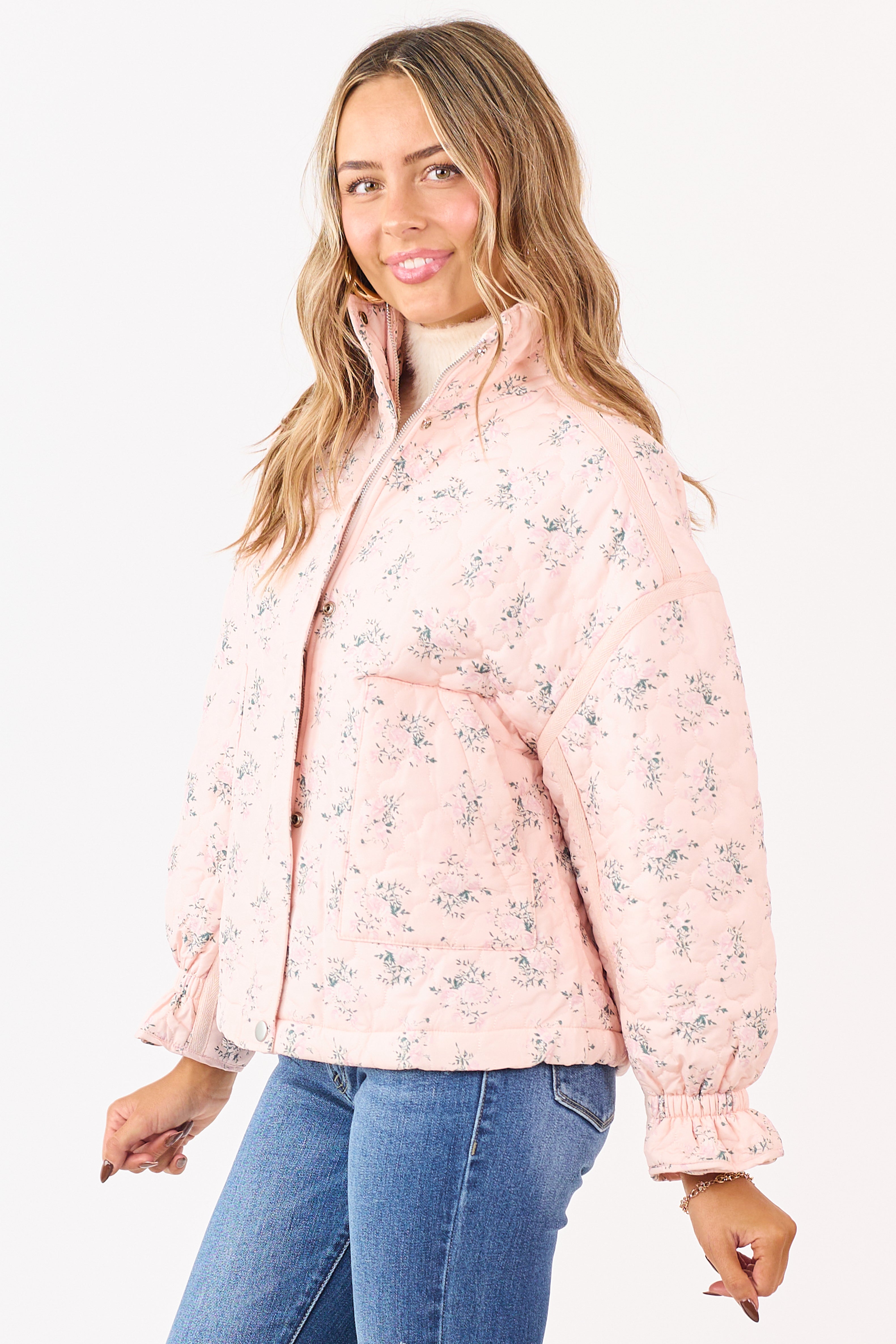 Blush Ditsy Floral Print Quilted Puff Jacket