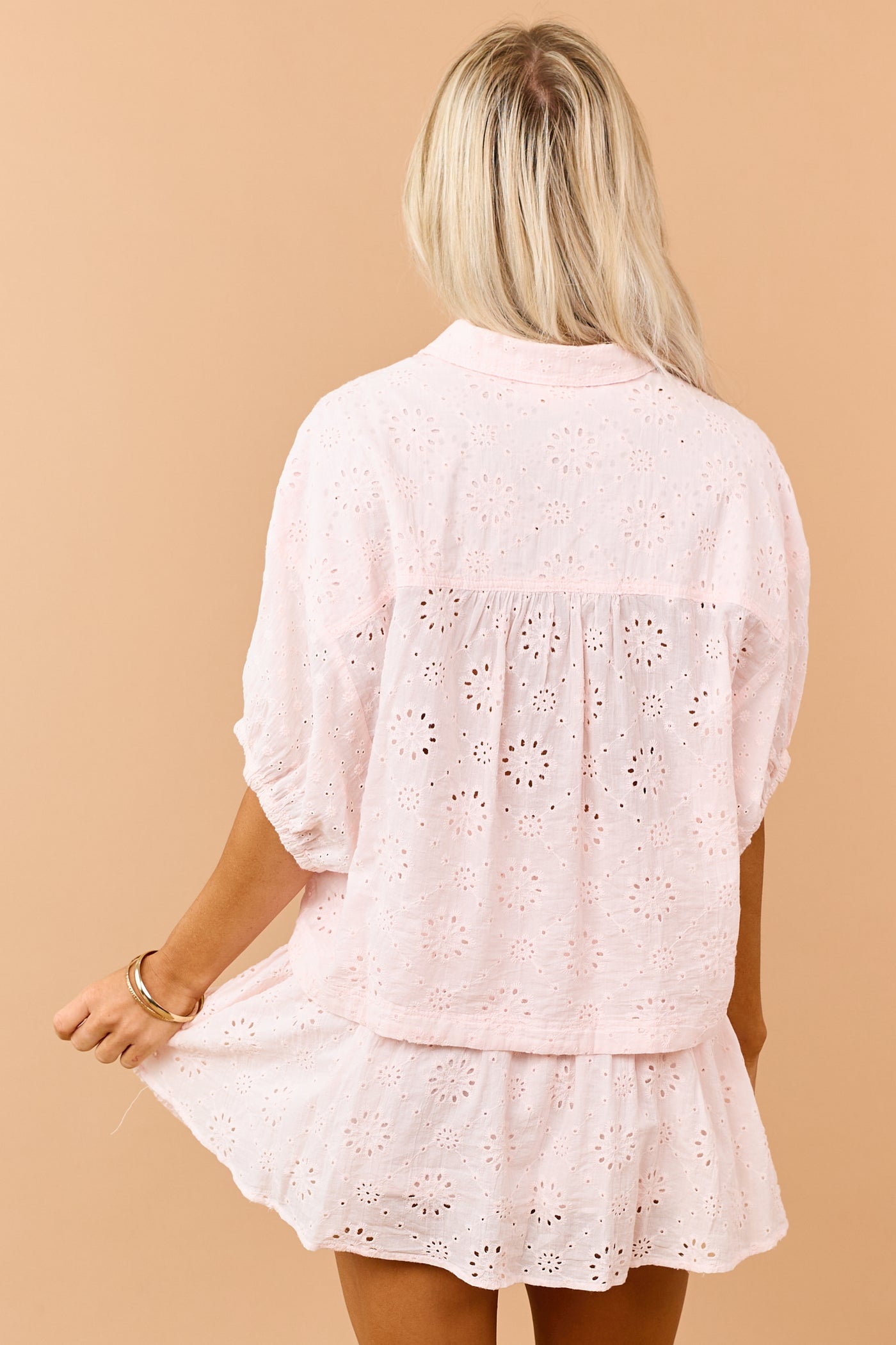 Blush Eyelet Cotton Scalloped Button Down Top
