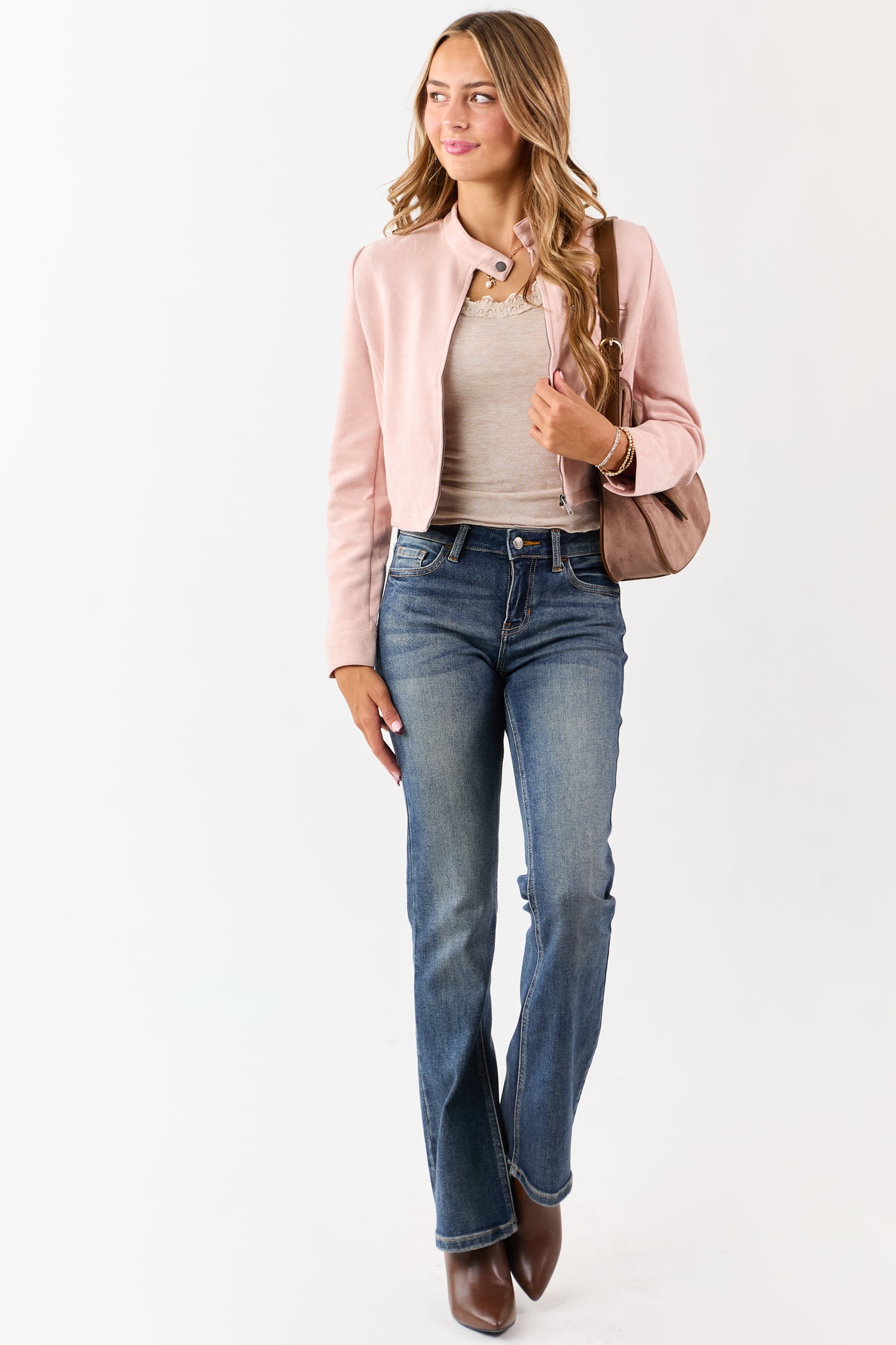 Blush Faux Suede High Button Collar Zip Up Jacket