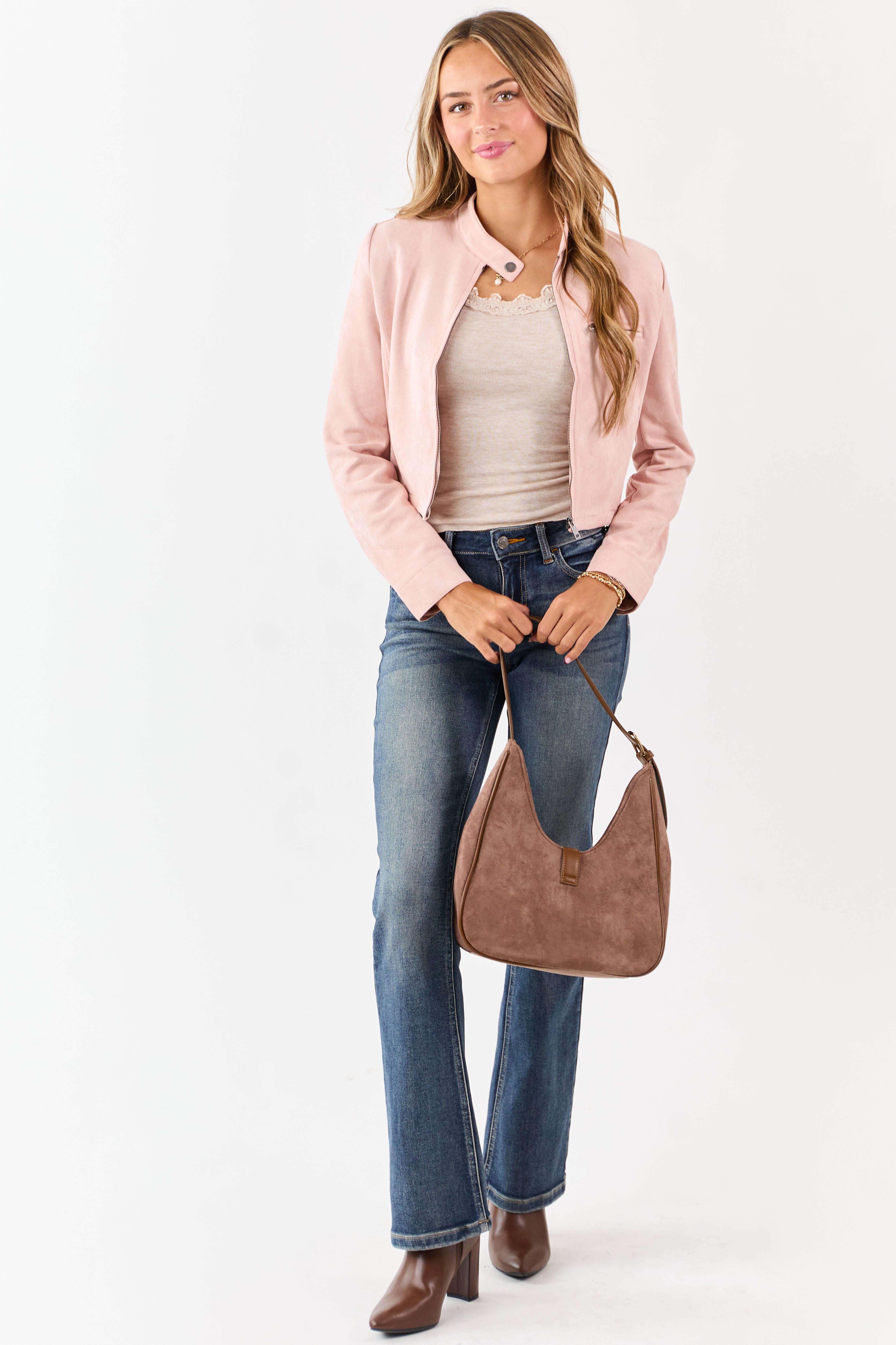 Blush Faux Suede High Button Collar Zip Up Jacket