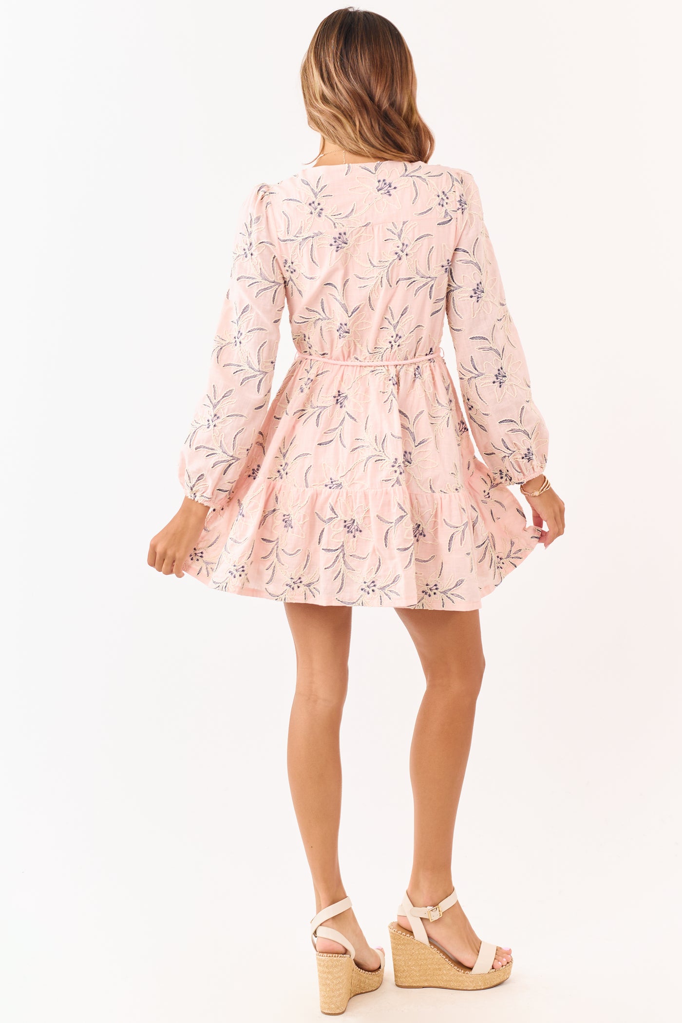 Blush Floral Embroidery Button Up Cotton Mini Dress