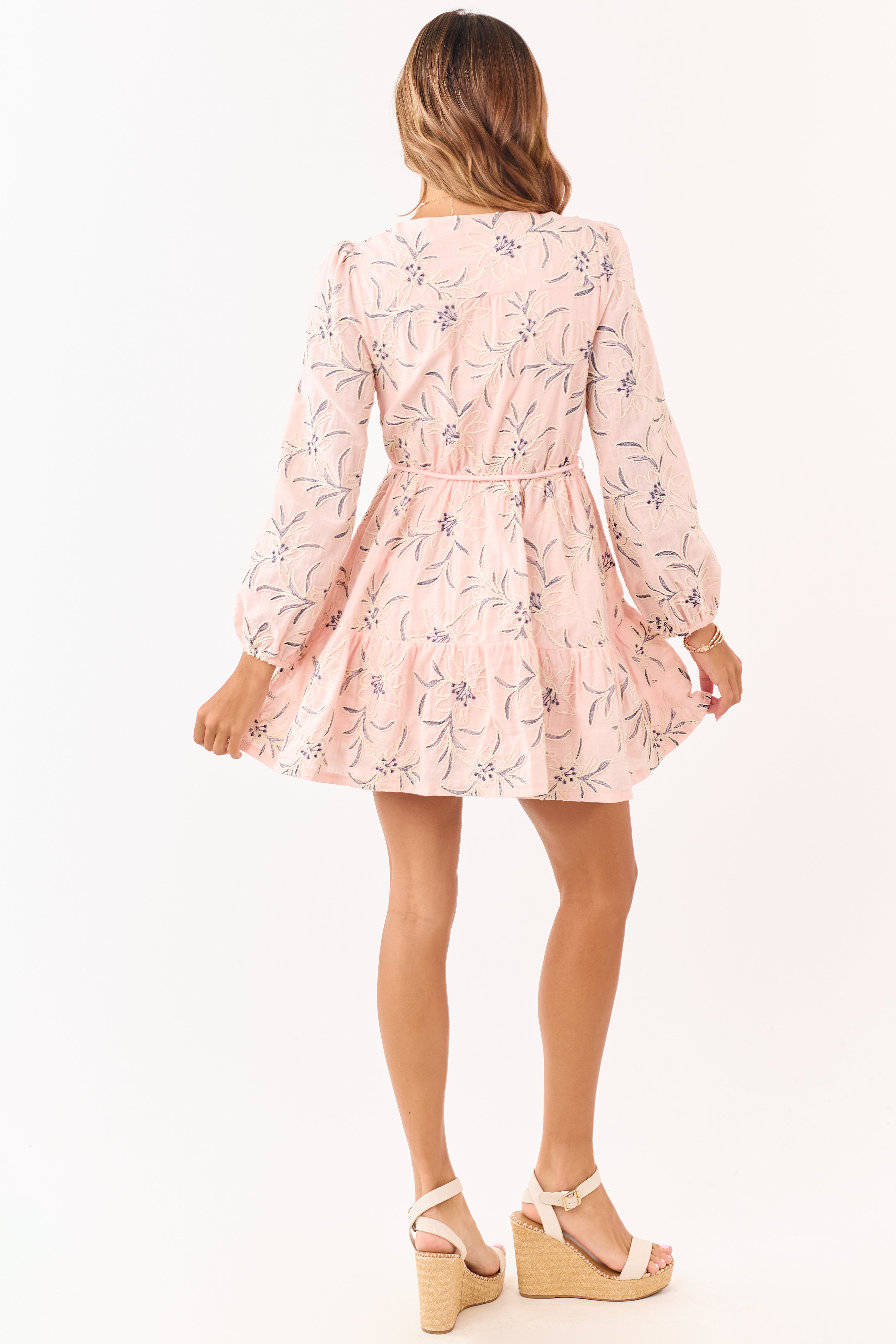 Blush Floral Embroidery Button Up Cotton Mini Dress