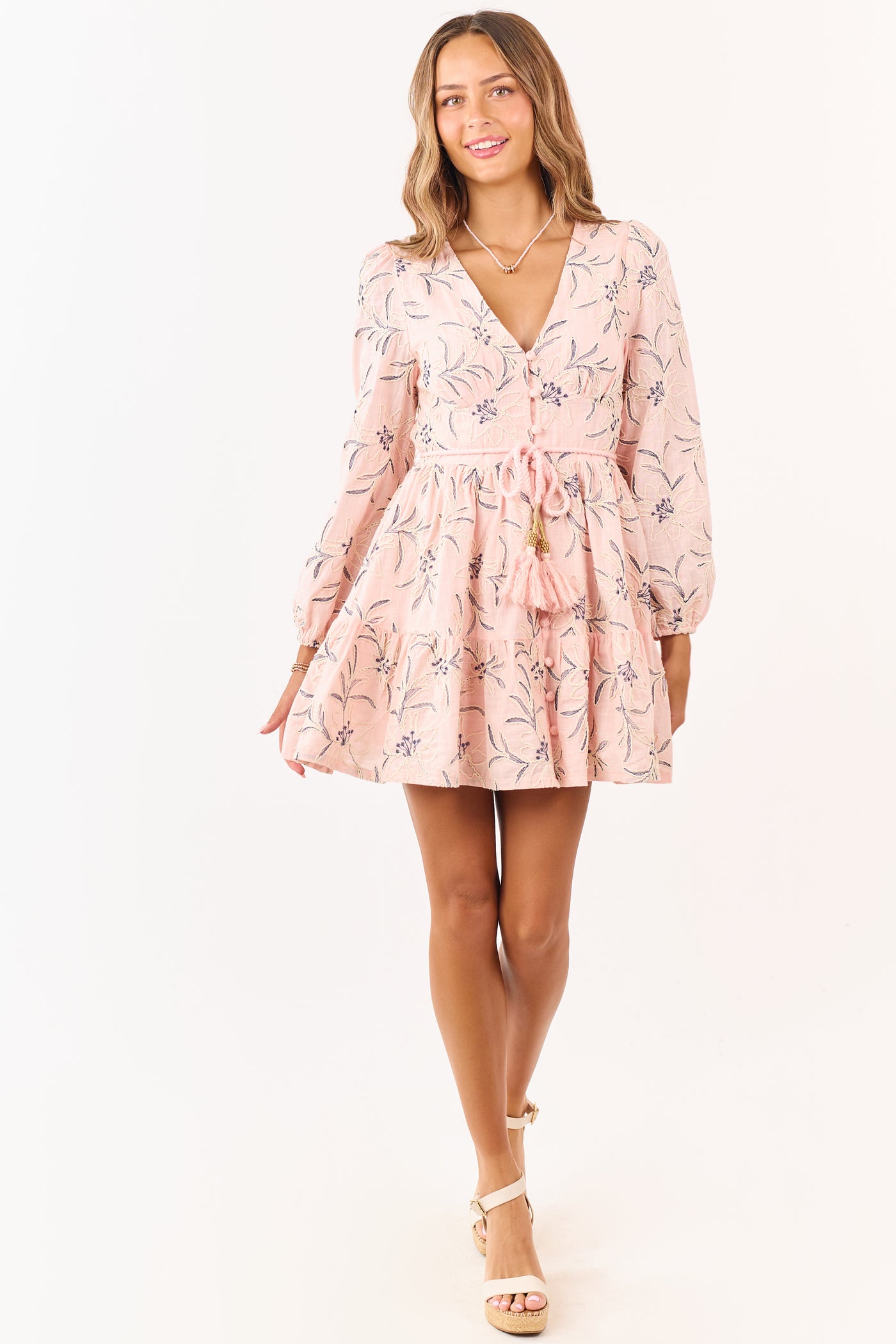 Blush Floral Embroidery Button Up Cotton Mini Dress