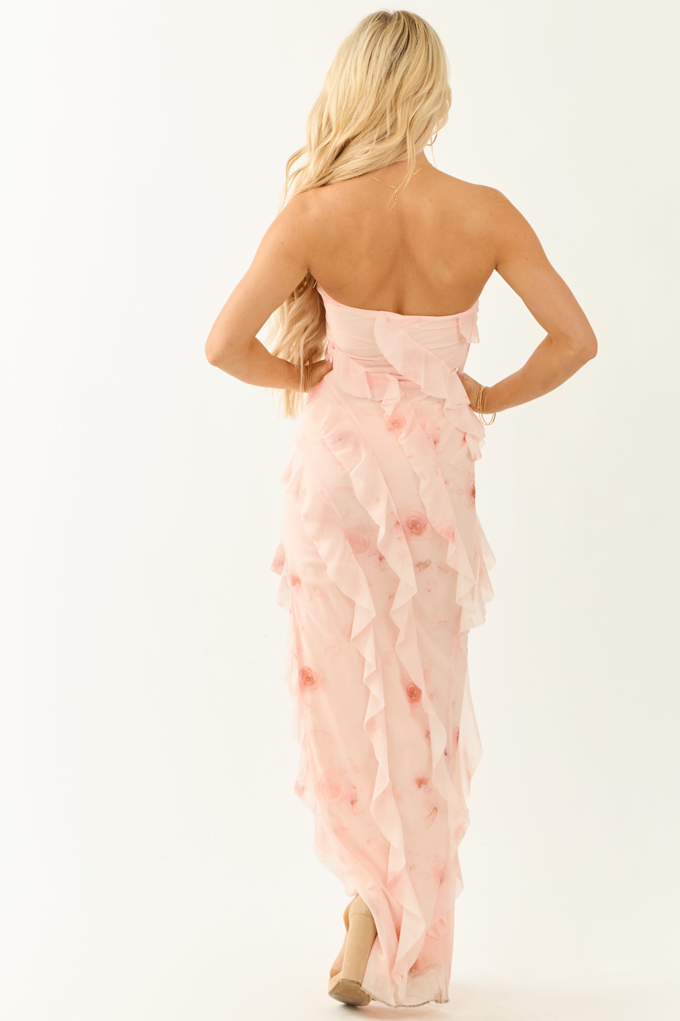 Blush Floral Mesh Tiered Ruffle Slit Maxi Dress