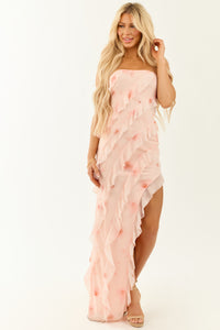 Blush Floral Mesh Tiered Ruffle Slit Maxi Dress