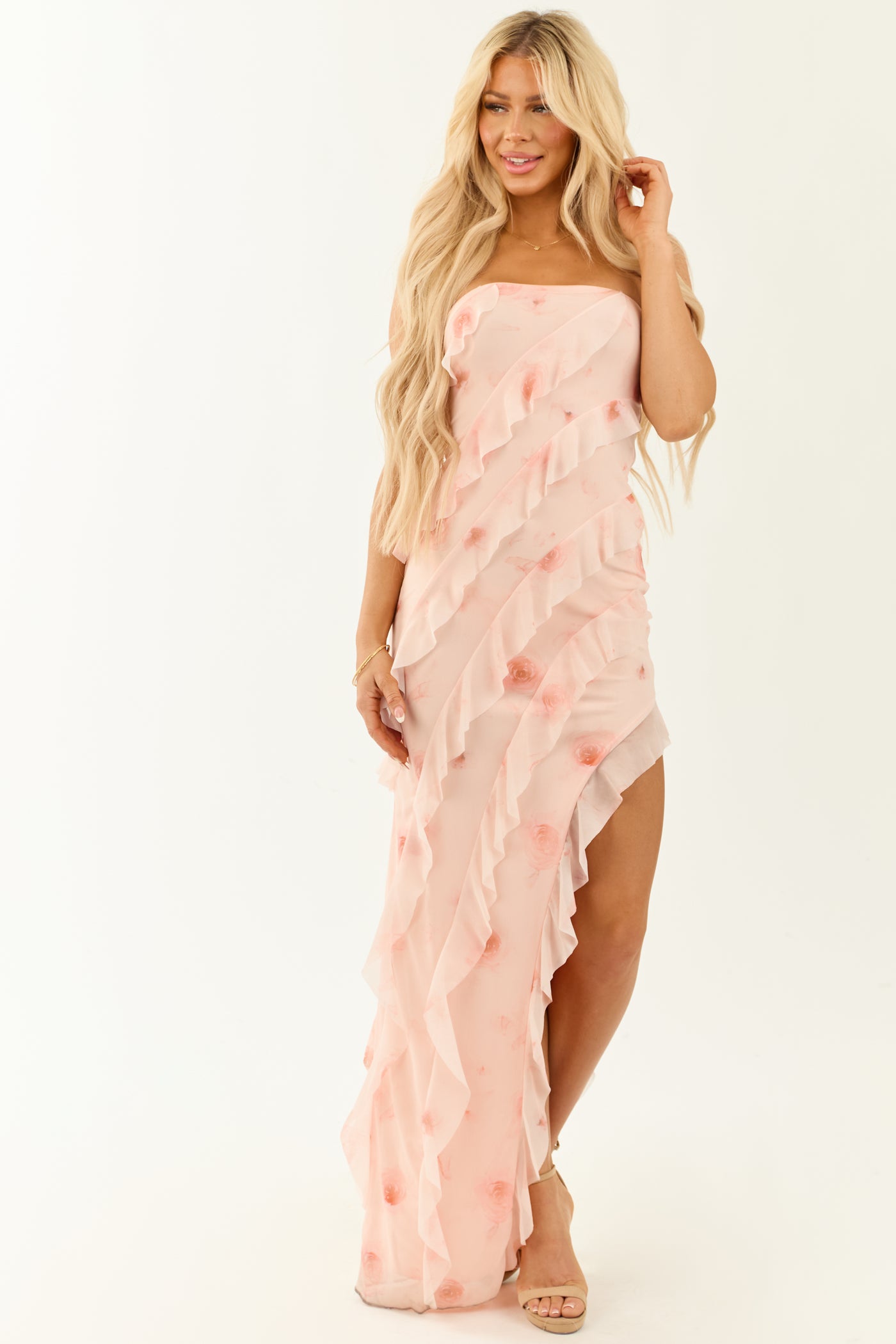 Blush Floral Mesh Tiered Ruffle Slit Maxi Dress | Lime Lush Boutique Blush Floral Mesh Tiered Ruffle Slit Maxi Dress | Lime Lush Boutique
