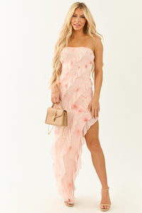 Blush Floral Mesh Tiered Ruffle Slit Maxi Dress