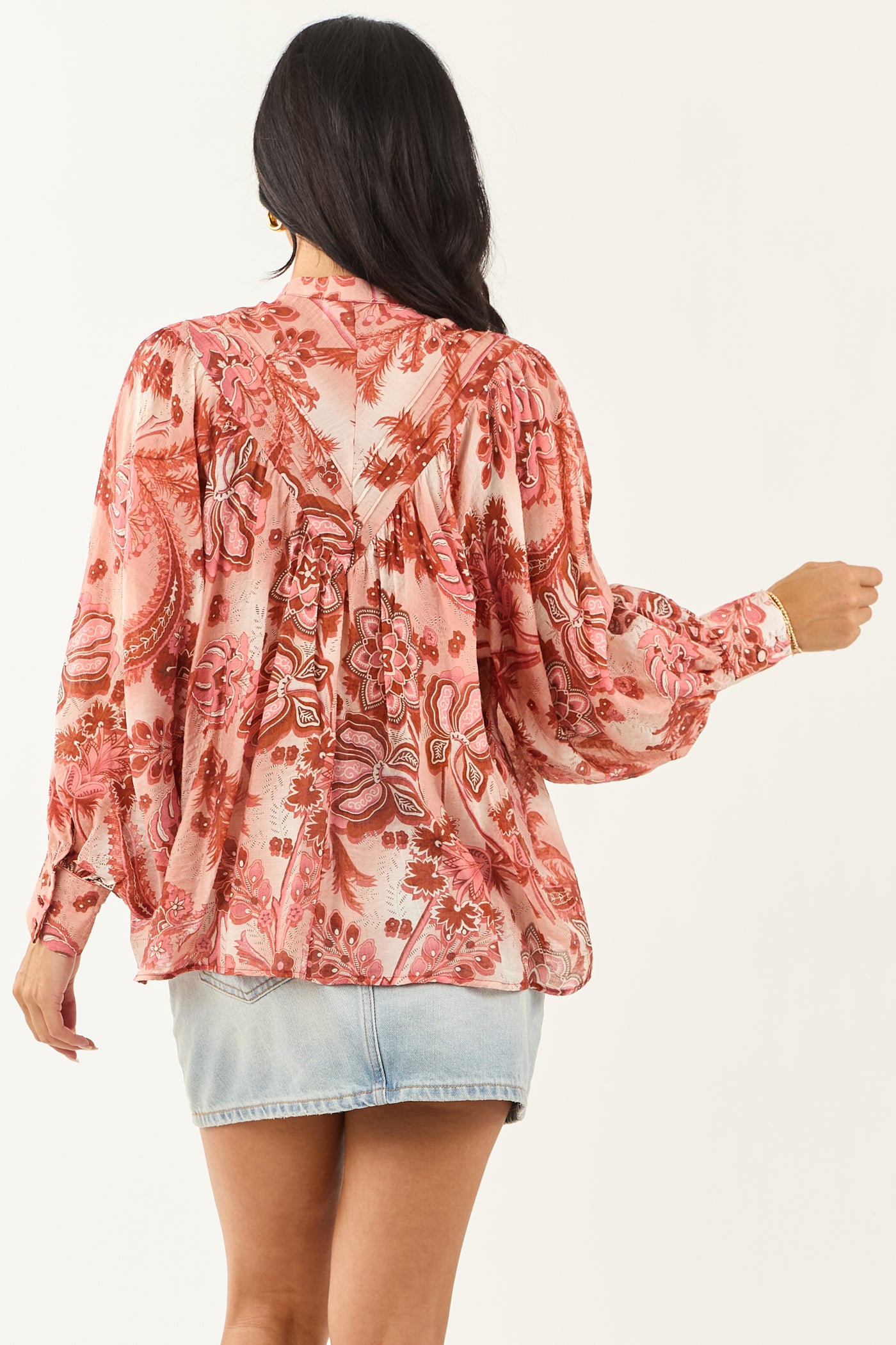 Blush Floral Print Button Down Pleated Top