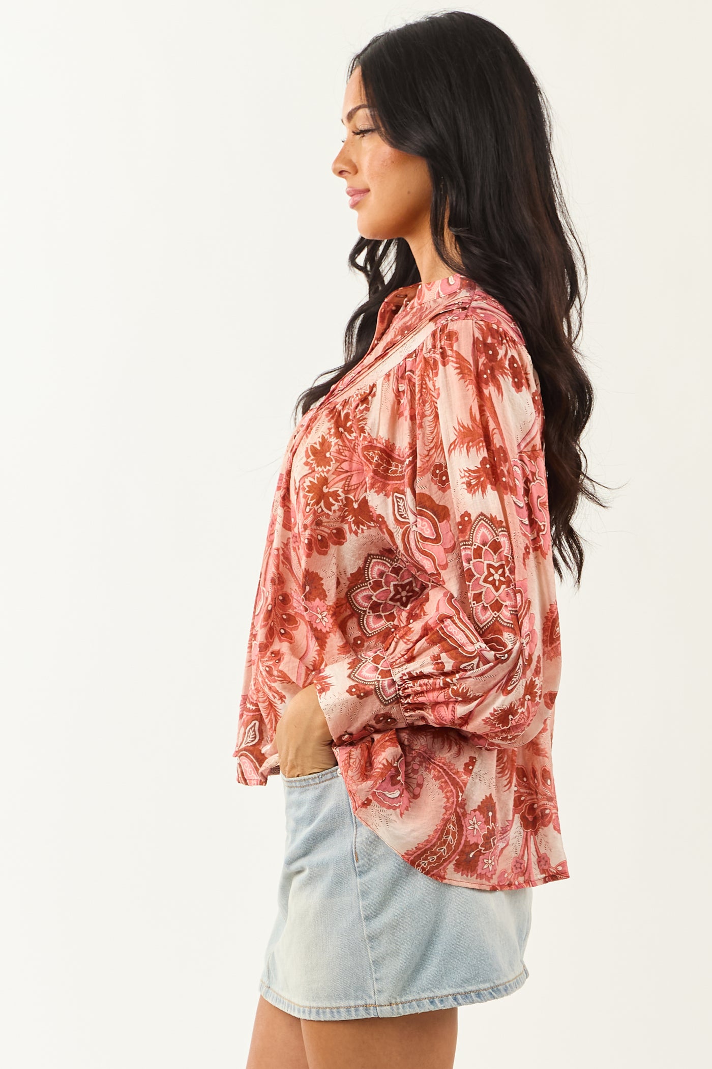 Blush Floral Print Button Down Pleated Top