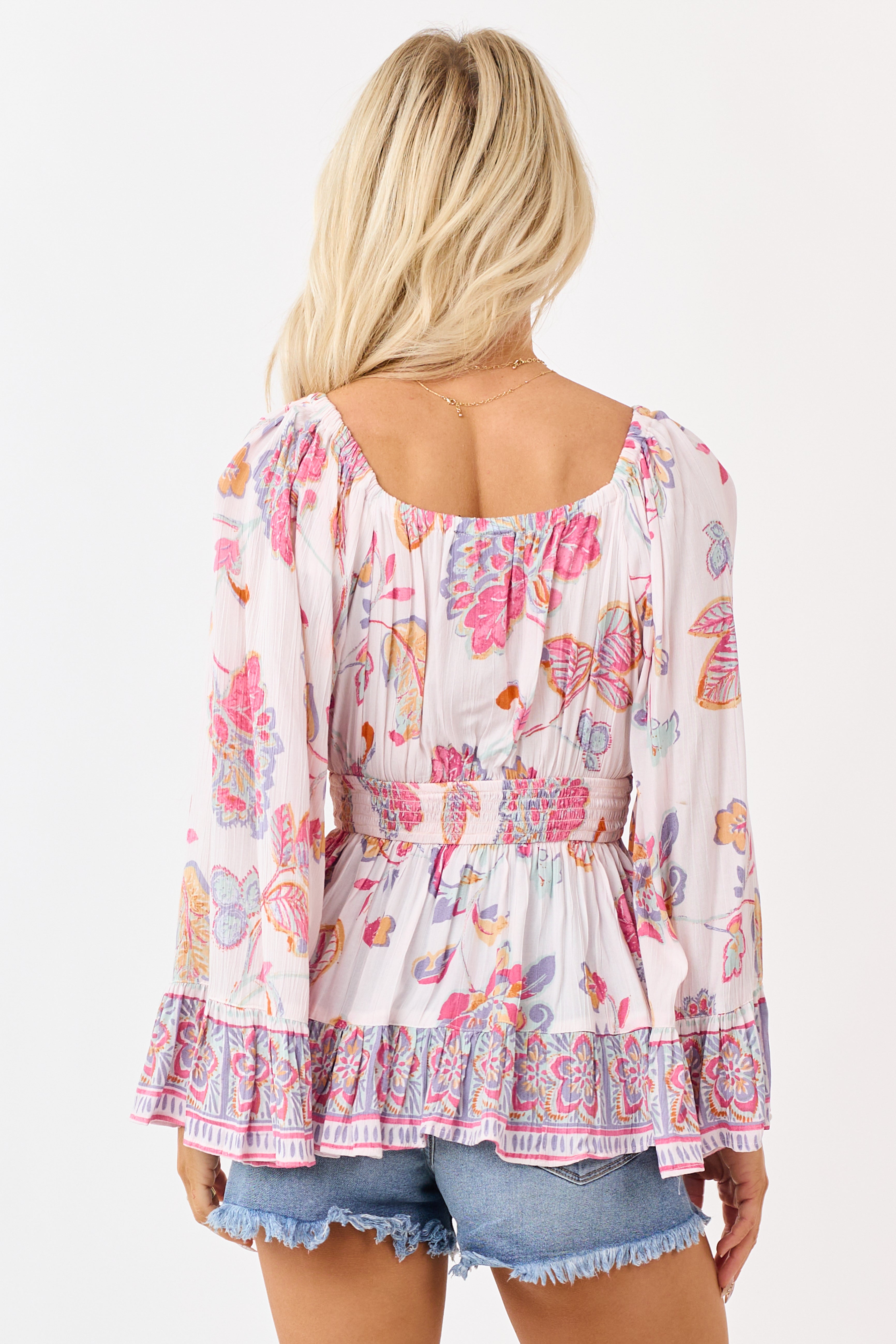 Blush Floral Print Lace Trim Bell Sleeve Top