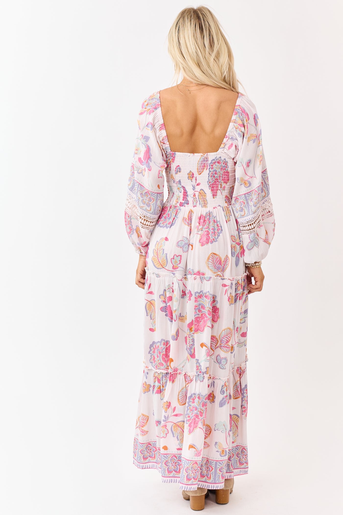 Blush Floral Print Long Sleeve Tiered Maxi Dress