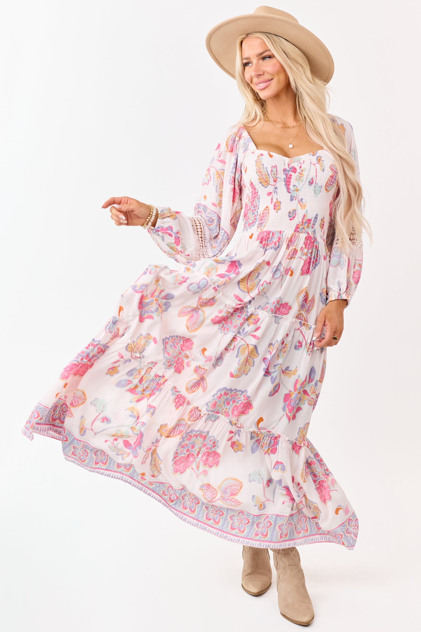 blush floral maxi dress Blush Floral Print Long Sleeve Tiered Maxi Dress