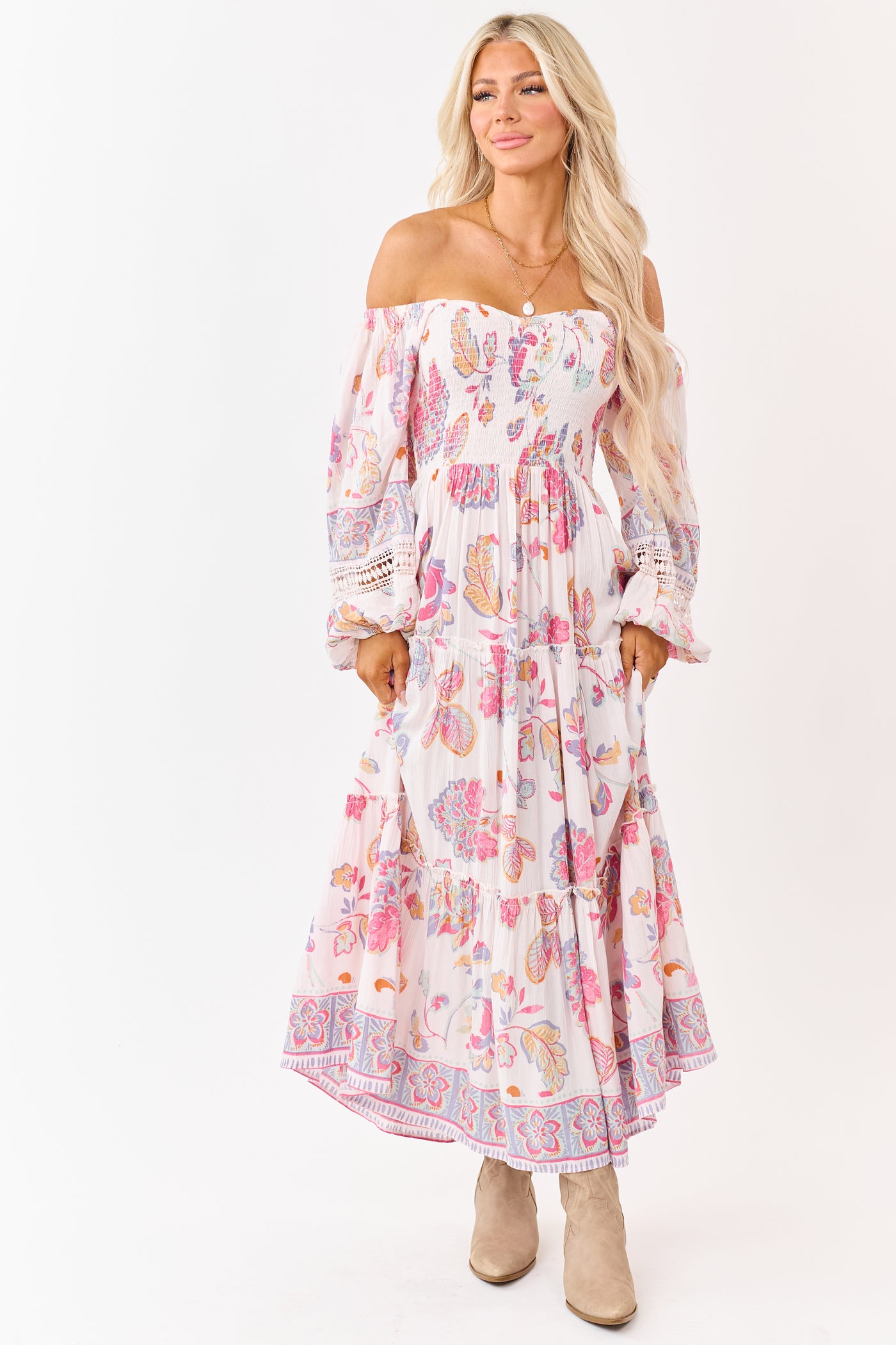Blush Floral Print Long Sleeve Tiered Maxi Dress