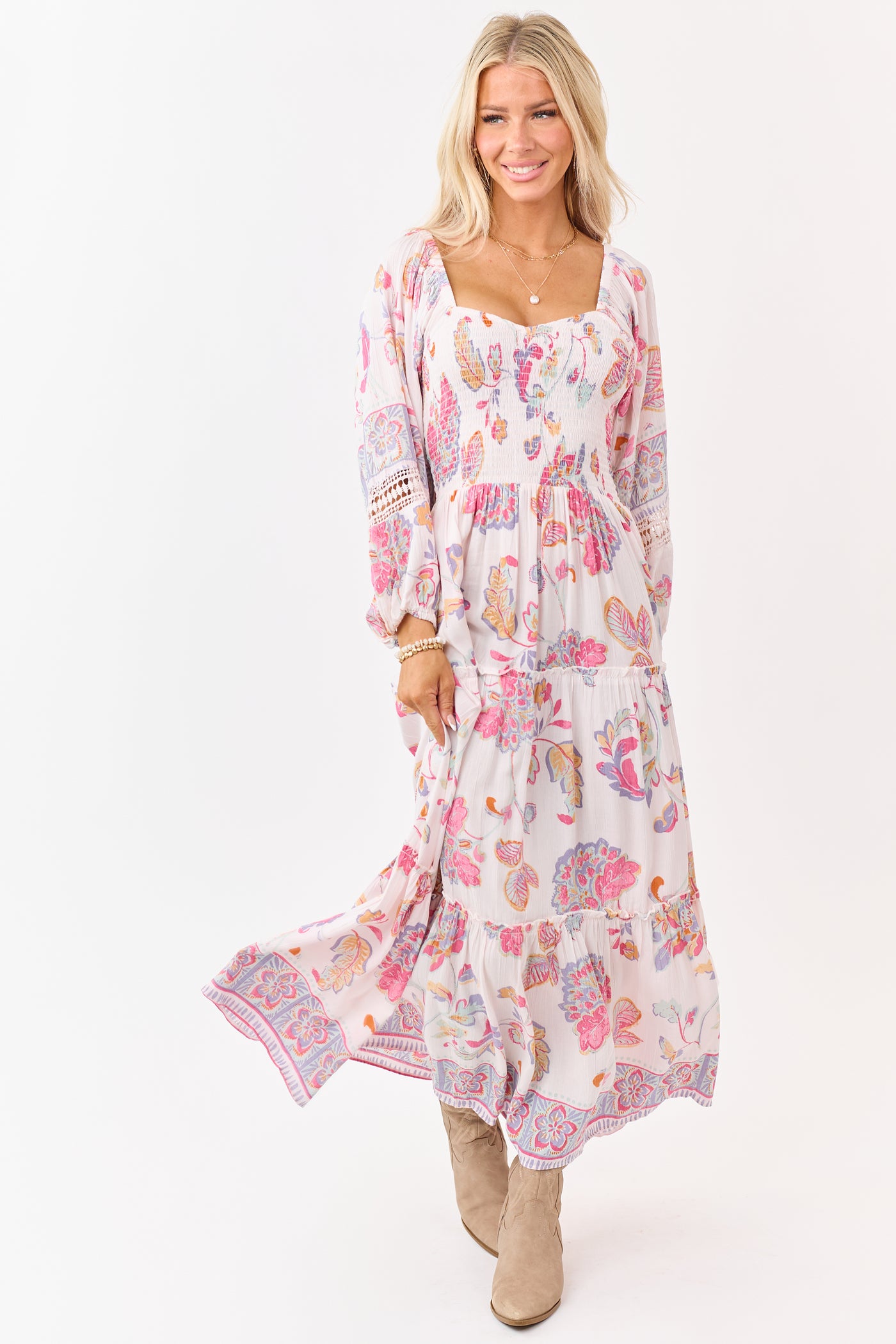 Blush Floral Print Long Sleeve Tiered Maxi Dress
