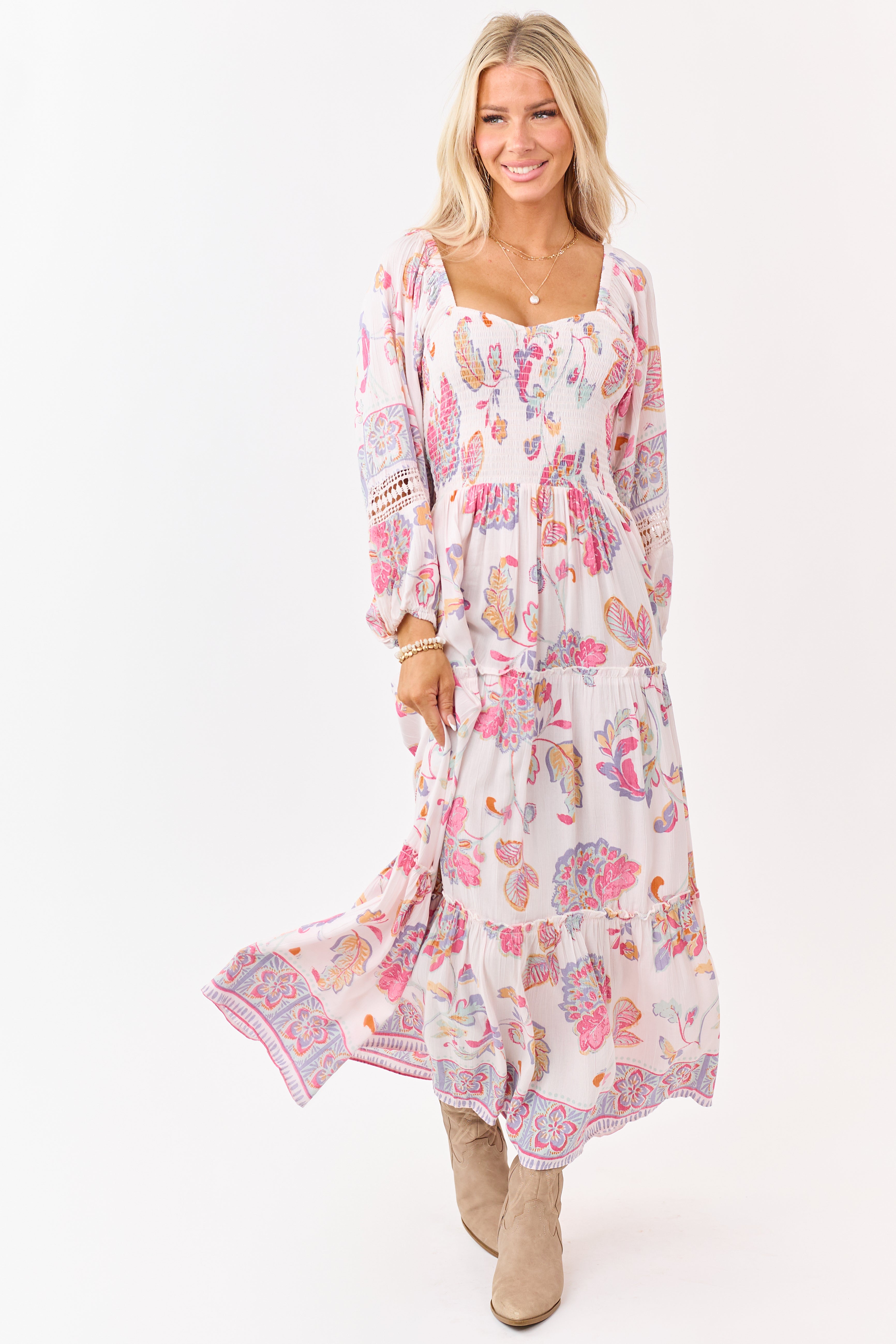 Blush Floral Print Long Sleeve Tiered Maxi Dress