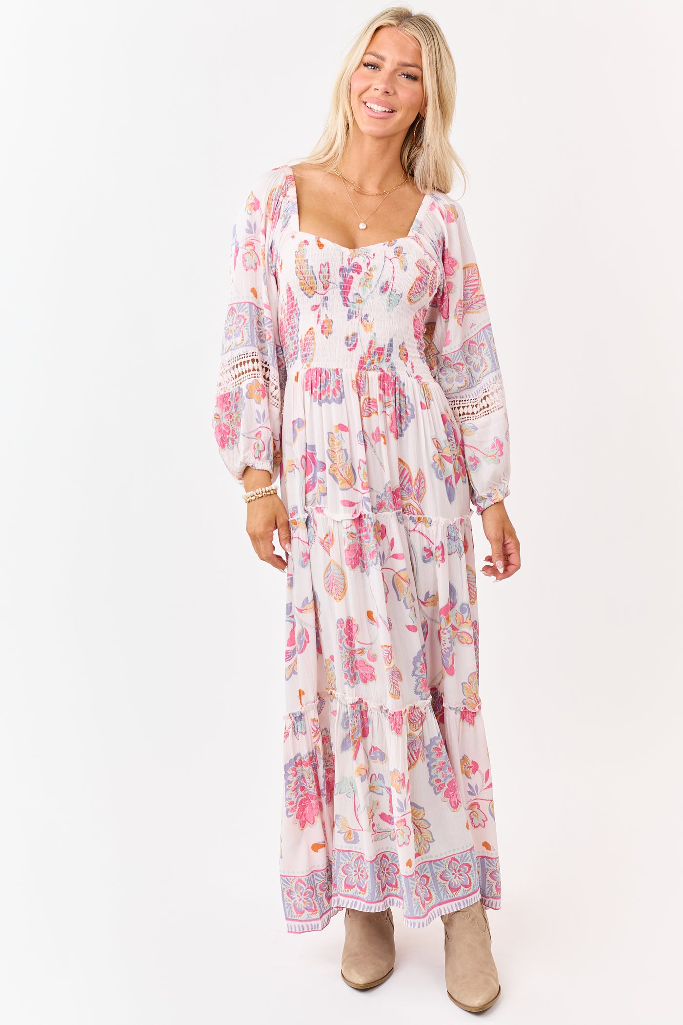 Blush Floral Print Long Sleeve Tiered Maxi Dress