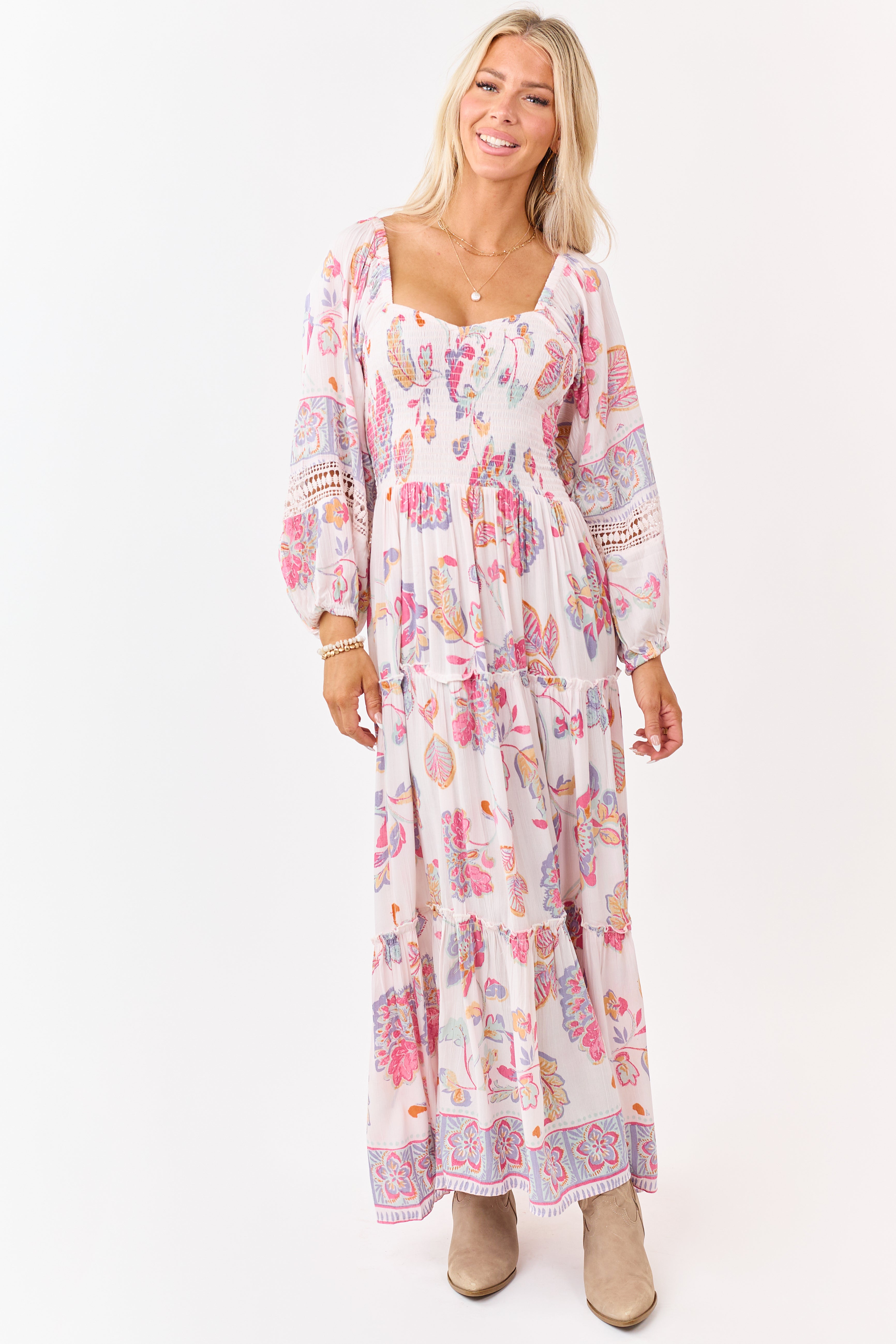 Blush Floral Print Long Sleeve Tiered Maxi Dress