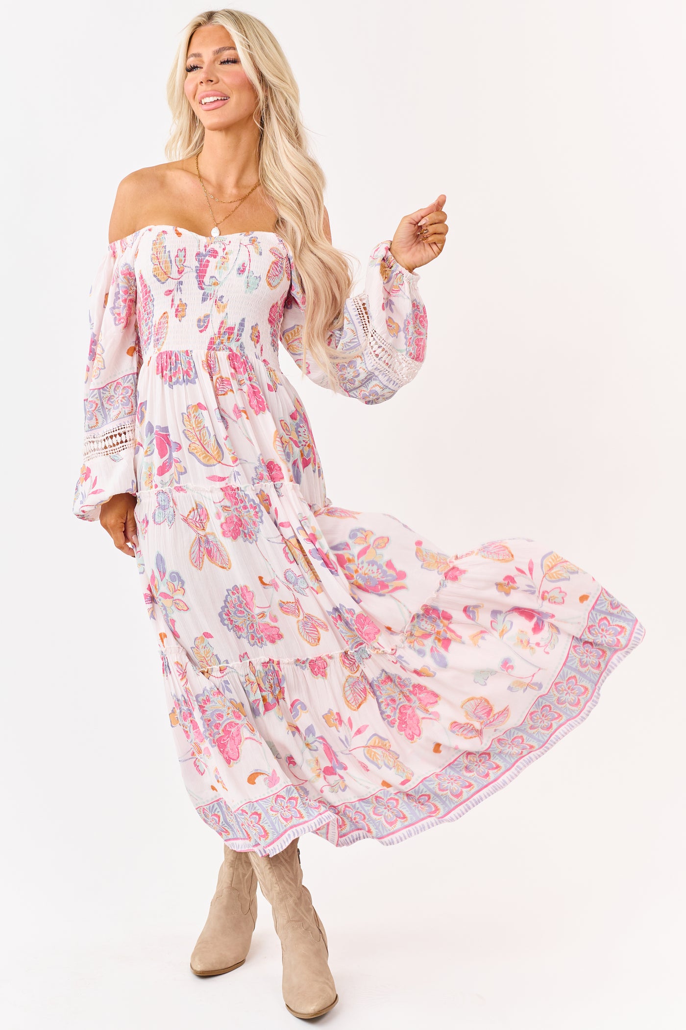 Blush Floral Print Long Sleeve Tiered Maxi Dress