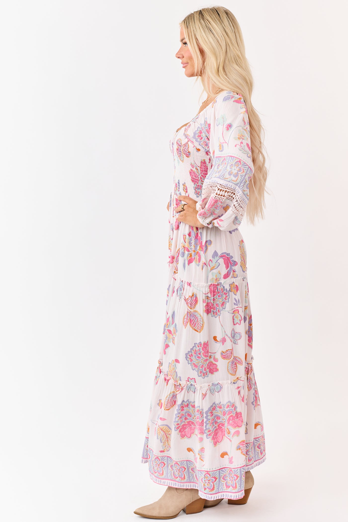Blush Floral Print Long Sleeve Tiered Maxi Dress