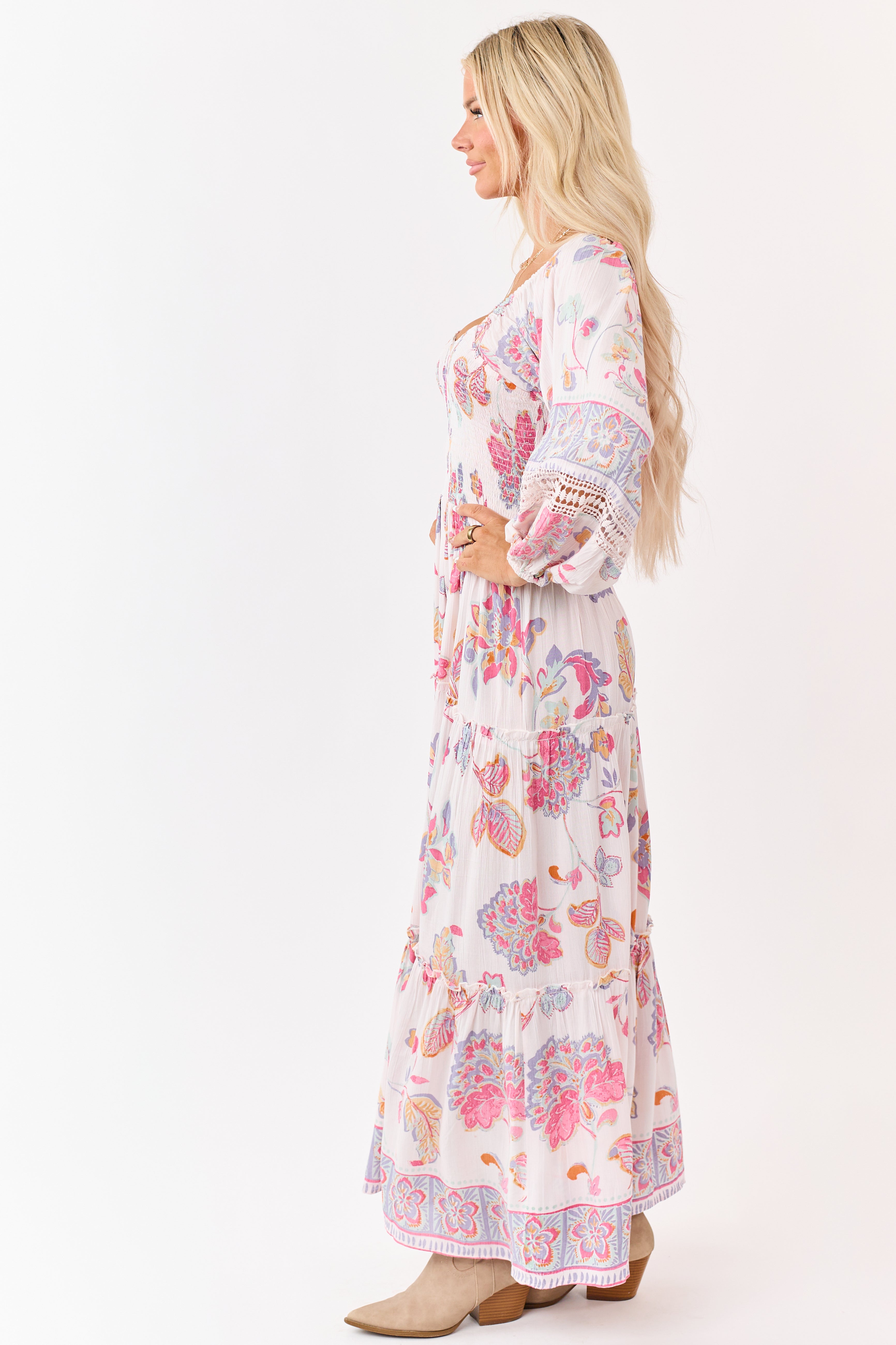Blush Floral Print Long Sleeve Tiered Maxi Dress