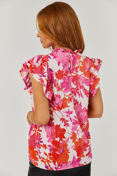 Blush Floral Print Short Flutter Sleeve Top