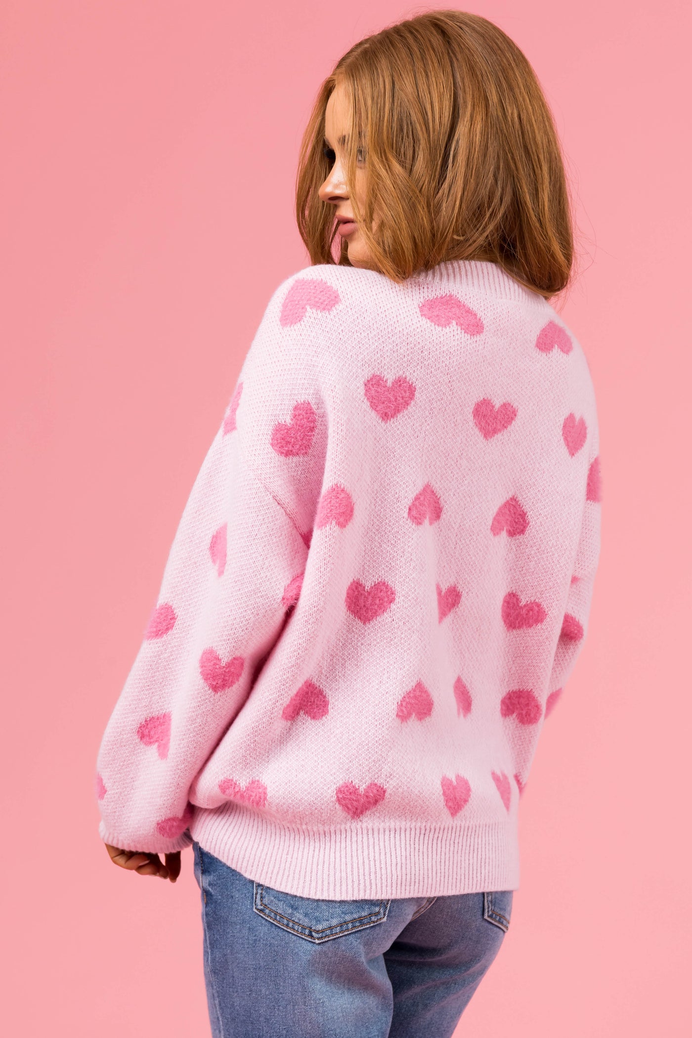 Blush Heart Print Cozy Thick Knit Sweater